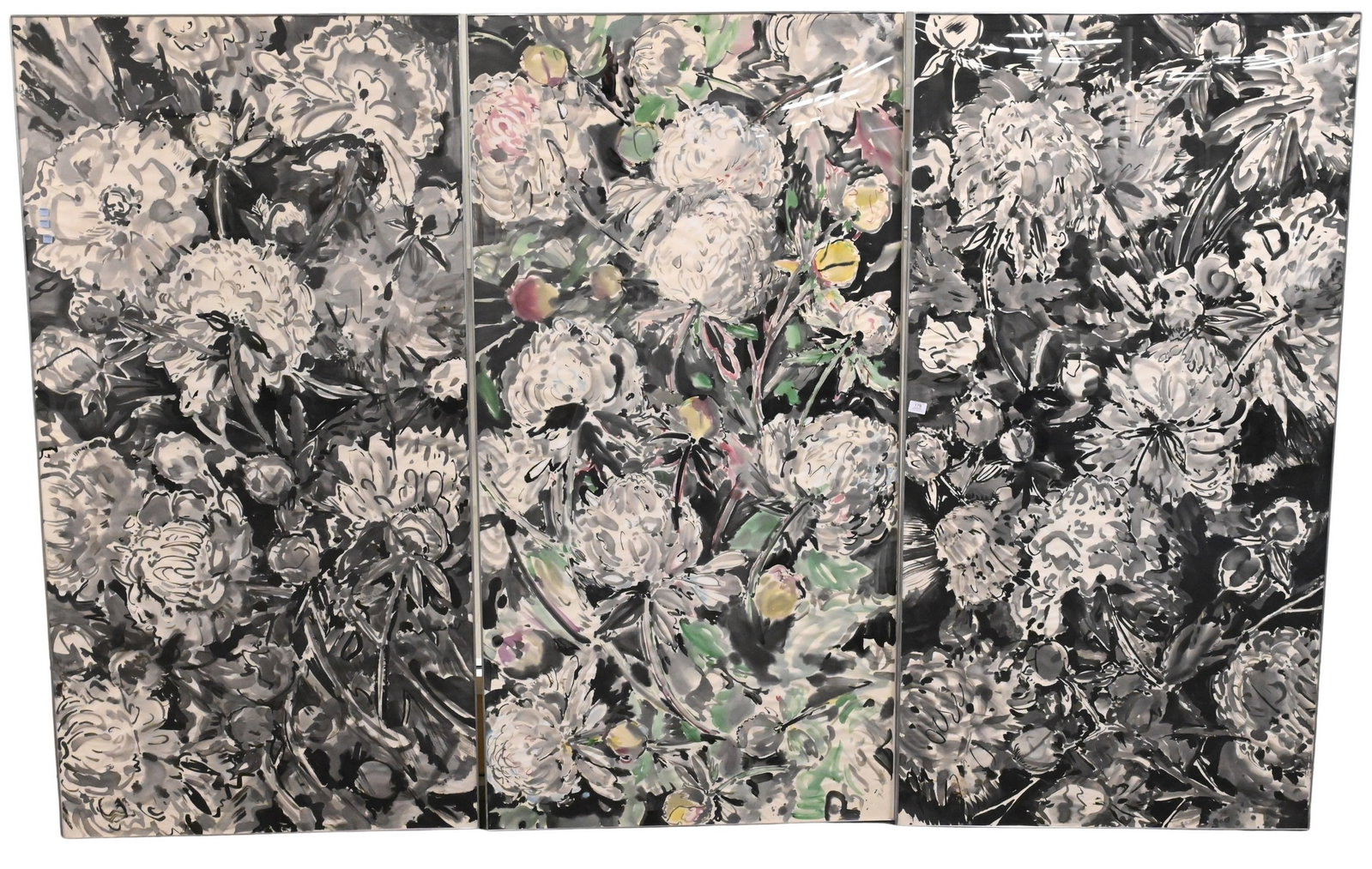 Three: Kenneth Polinskie (American B.1952): Three: Kenneth Polinskie (American B.1952) "Peony Rhythm Triptych", 1982 Watercolor and ink wash on paper Signed lower right Kenneth Polinskie 72" x 37" each, 72" x 111" total Provenance: Property