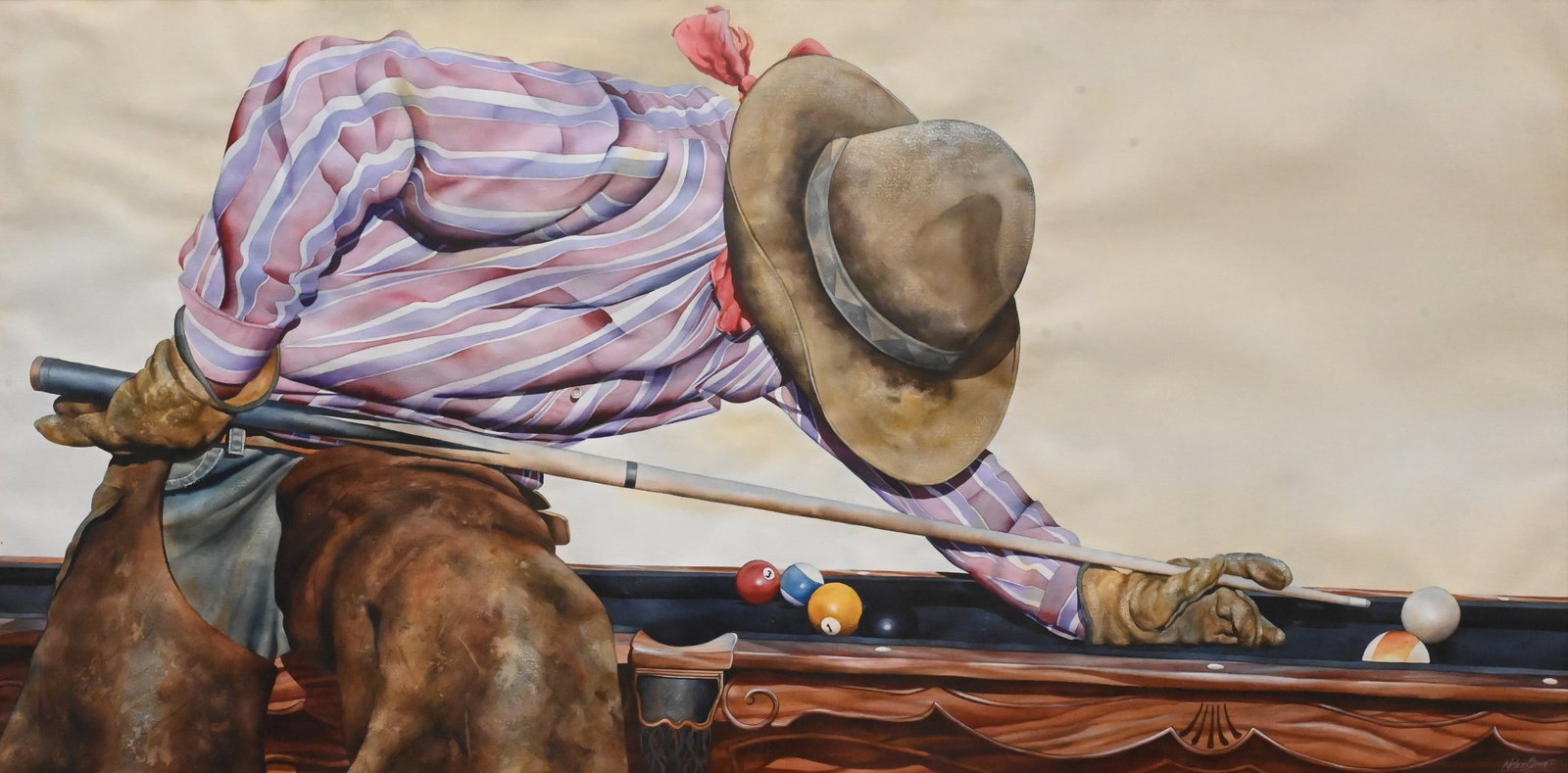 Nelson Boren (American B.1952): Nelson Boren (American B.1952) "I Can't Beat Ya With My Gloves On" Watercolor on paper depicting a Western figural scene of a cowboy playing pool Signed lower right 39" x 79" sight Provenance: