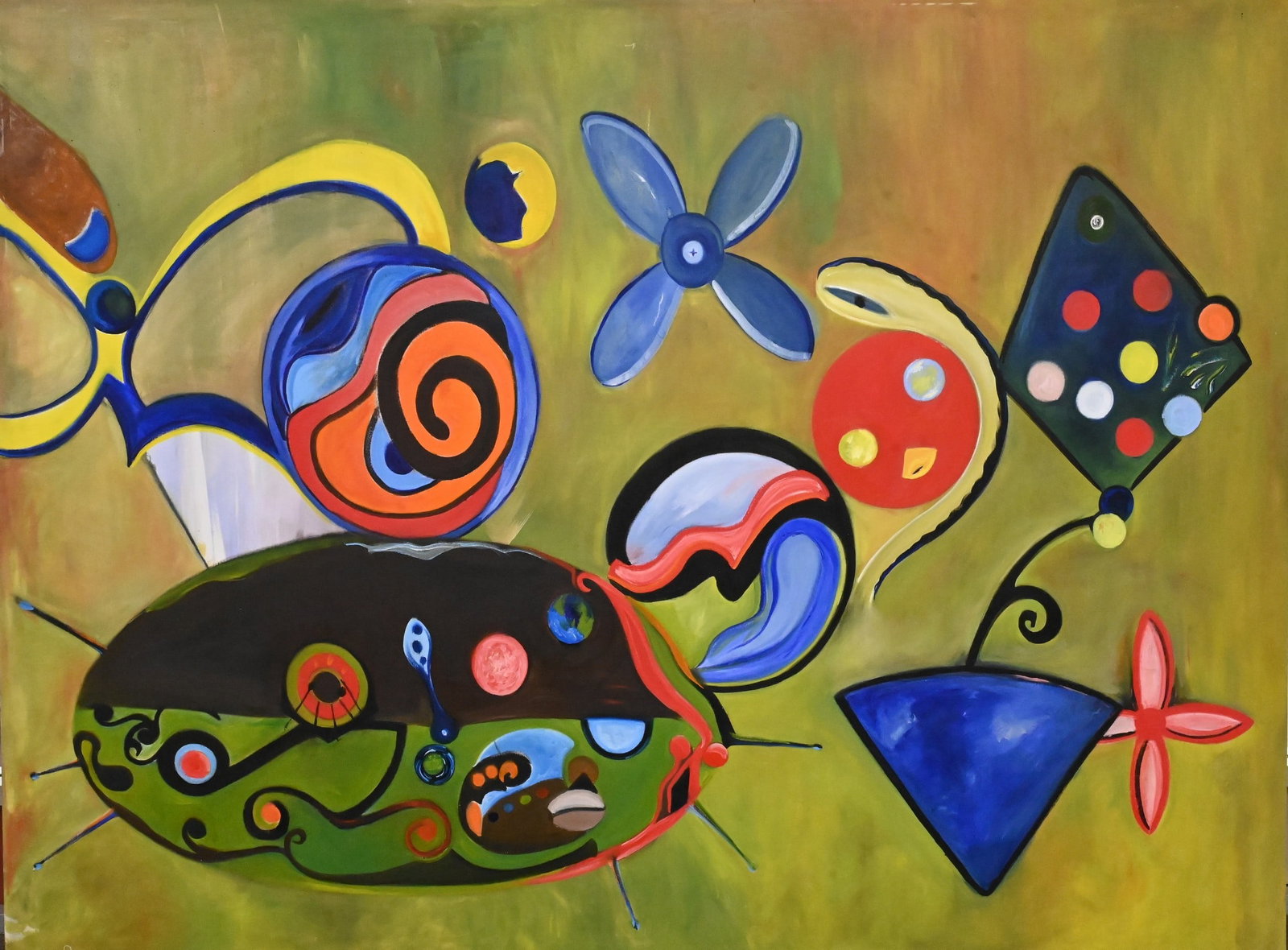 Hector Vasquez (20th Century): Hector Vasquez (20th Century) Contemporary Abstract Composition Large-scale painting featuring a vibrant, biomorphic composition set against a green ground, incorporating bold geometric and organic