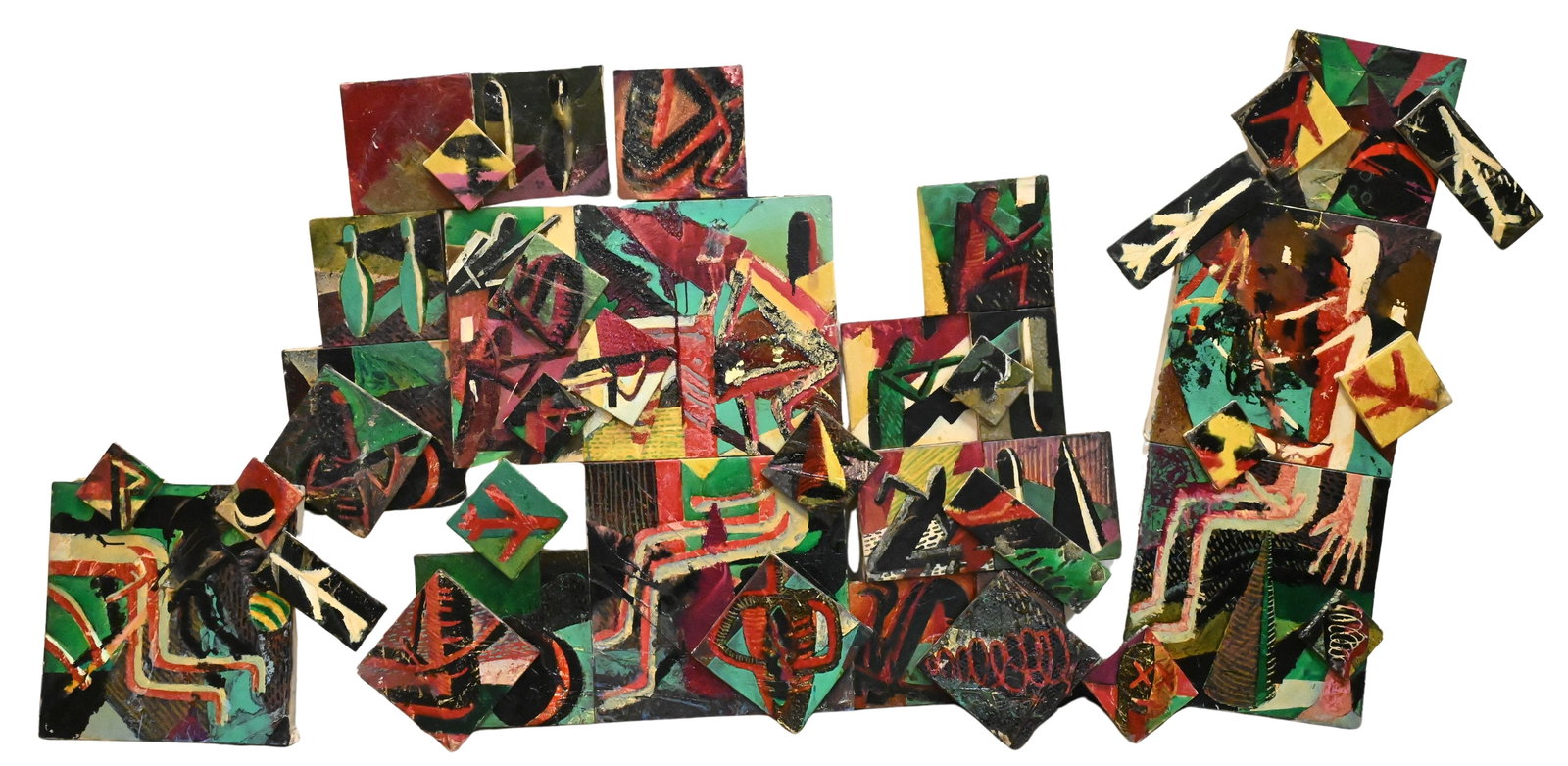 Doug Anderson (American B.1954): Doug Anderson (American B.1954) "Ski Patrol", 1985 Mixed media installation piece, acrylic, oil, paper on multiple canvases Signed, titled and dated on verso, Doug 85 Approximately 52" x 100"