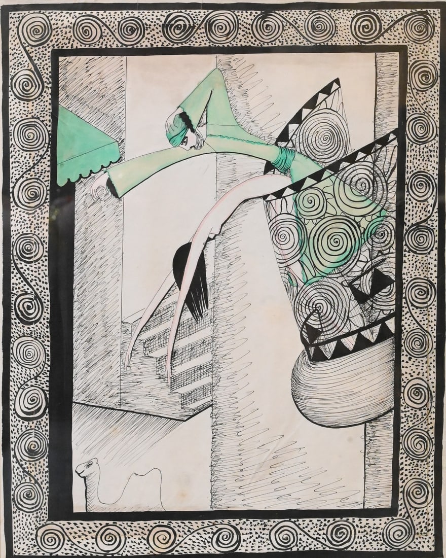 Janine Aghion (French 1894-1982): Janine Aghion (French 1894-1982) Figures on a Balcony from Grains de Poivre by Franz Toussaint, circa 1927 Watercolor, pen and ink on paper illustration 11 1/2" x 9" sight Provenance: Property from a