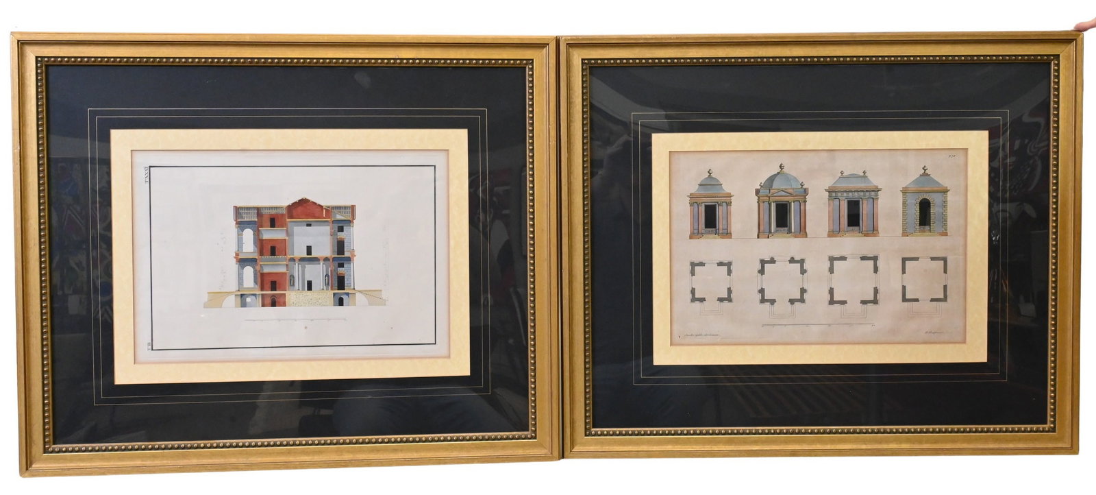 Seven Framed Architectural Engravings Some After James Gibbs (British 1682-1754): Seven Framed Architectural Engravings Some After James Gibbs (British 1682-1754) to include "Plan and Elevation at the Out Offices at Wilton" engravers include, Henry Hulsbergh (Dutch 1660-1729) and