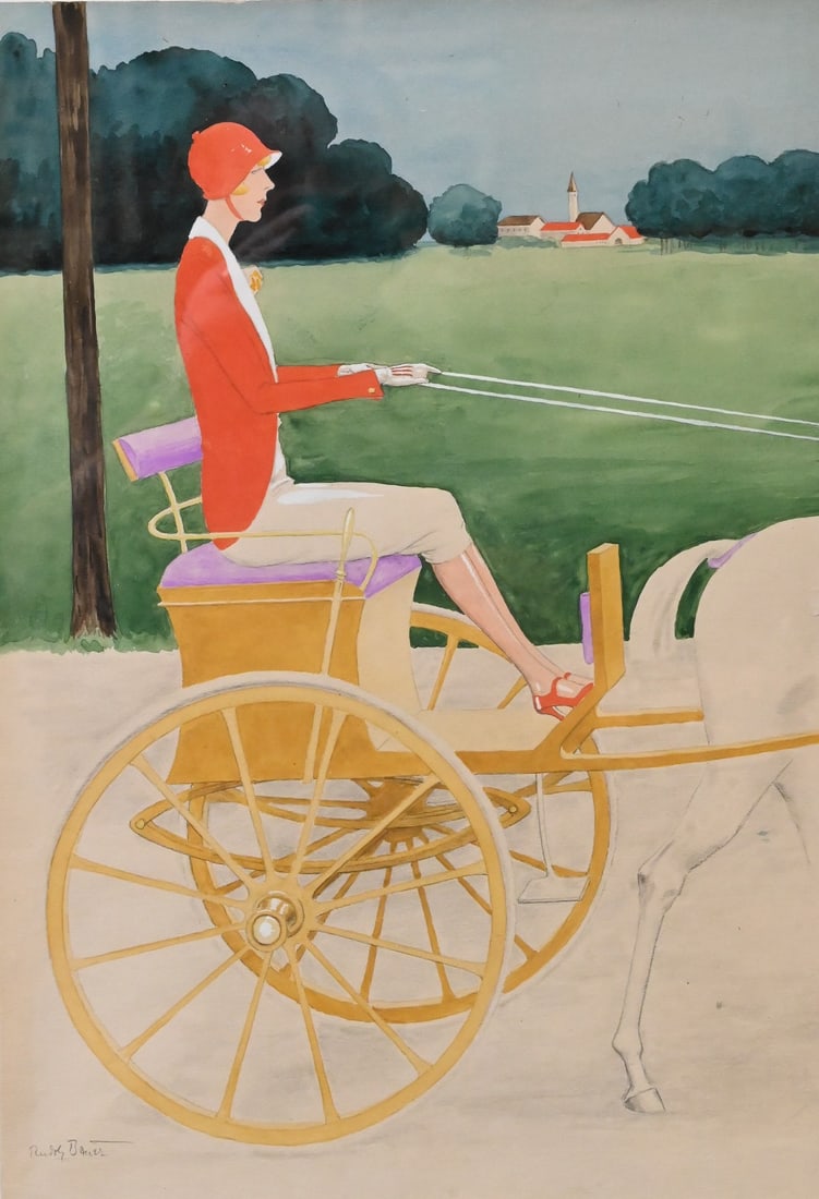 Rudolph Bauer (German 1889-1953): Rudolph Bauer (German 1889-1953) Coach Woman in Red Watercolor, gouache on paper Signed lower left Rudolph Bauer, Guggenheim Museum label verso 18 1/2" x 12 1/2" sheet, 29" x 22 1/2" frame