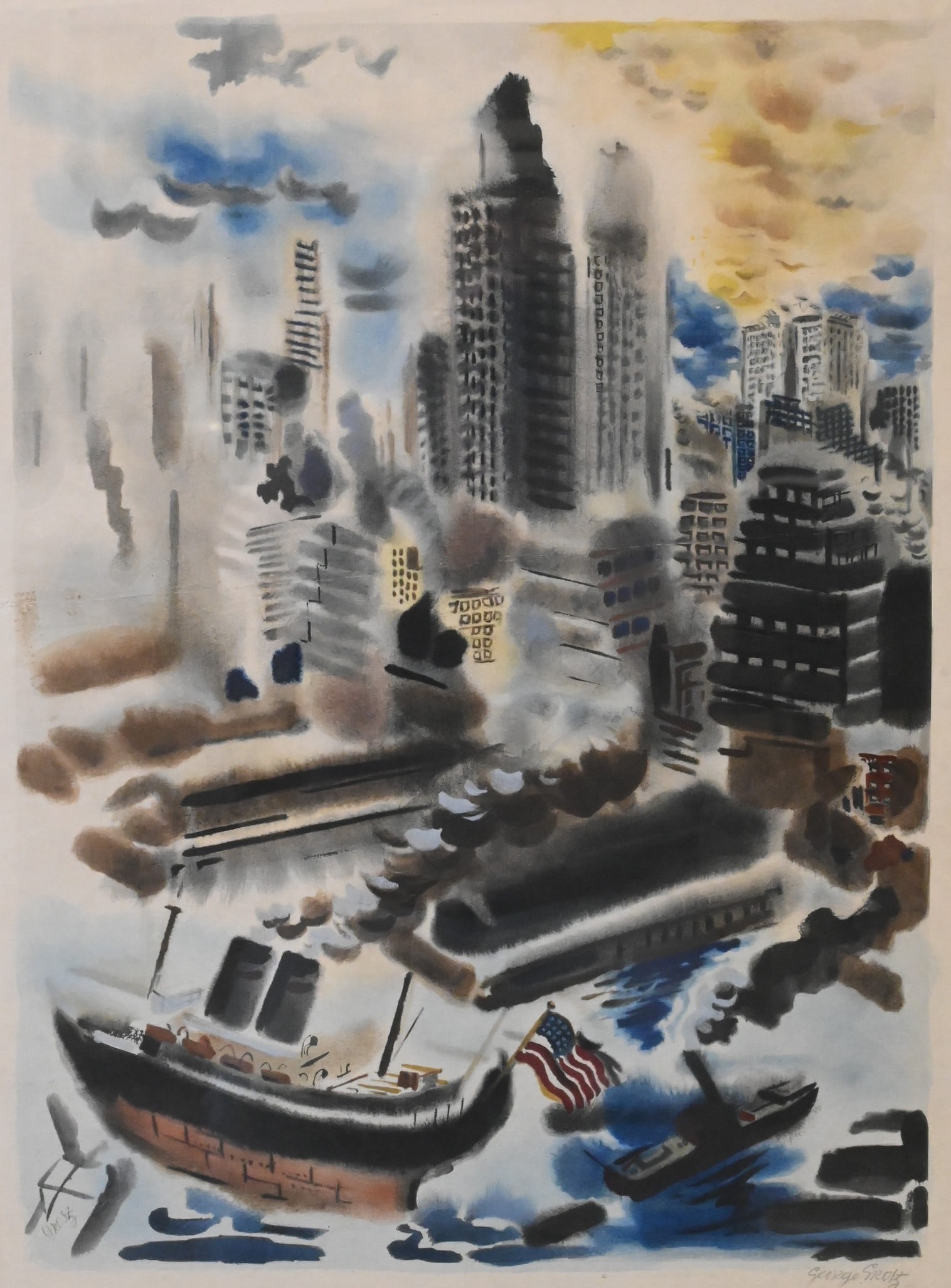 George Grosz (German/American 1893-1959): George Grosz (German/American 1893-1959) "New York Harbor", circa 1934 Lithograph Pencil signed lower right George Grosz 22 1/4" x 16 1/2" plate Provenance: Gifted to The Bronx Historical Society by