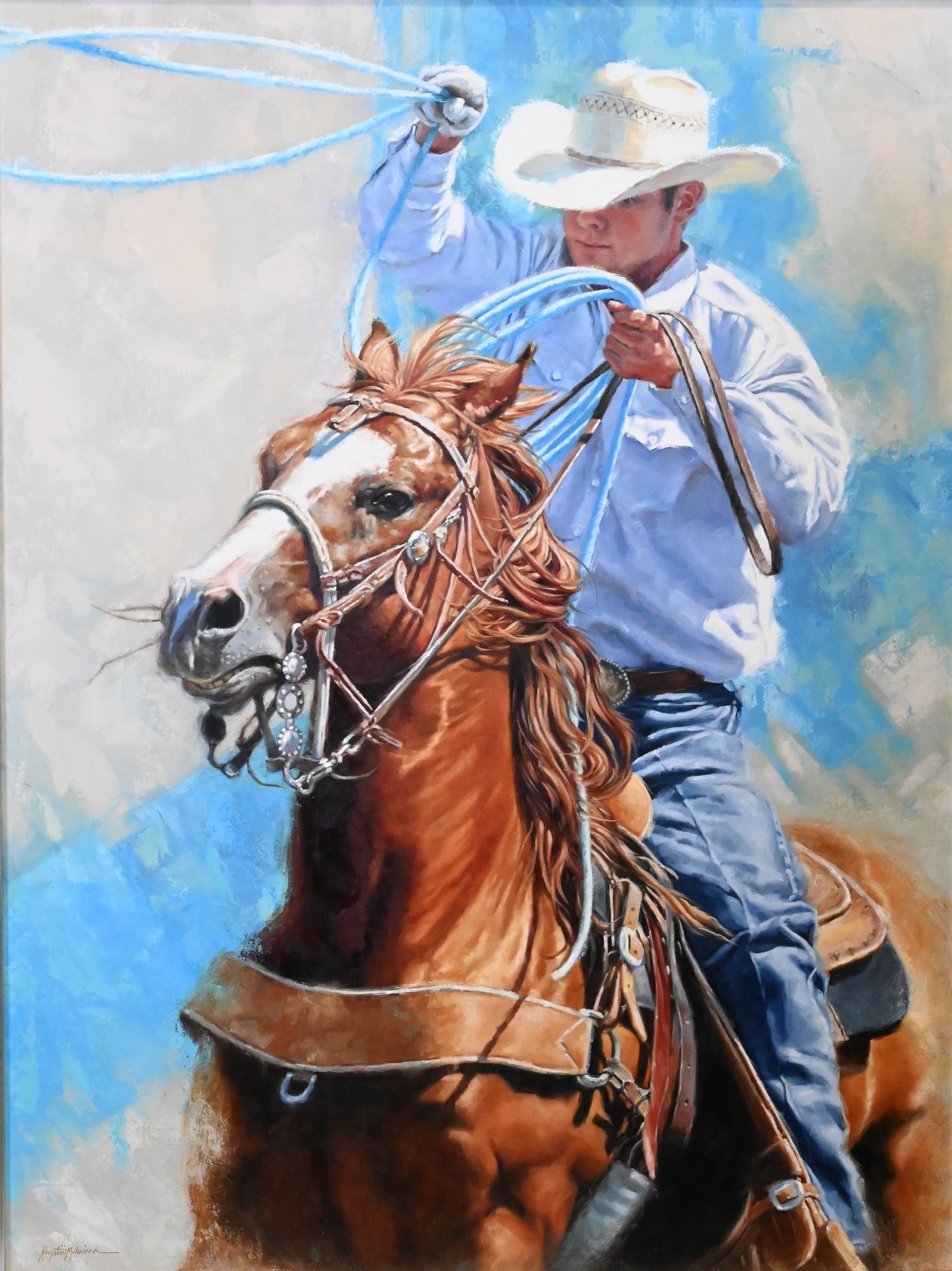 Krystii Melaine (Australian/American B.1963): Krystii Melaine (Australian/American B.1963) "Blue Loop", 2022 depicting a close-up dynamic view of a cowboy on horseback, captured mid-motion as he prepares to cast his lasso; the rider, wearing a