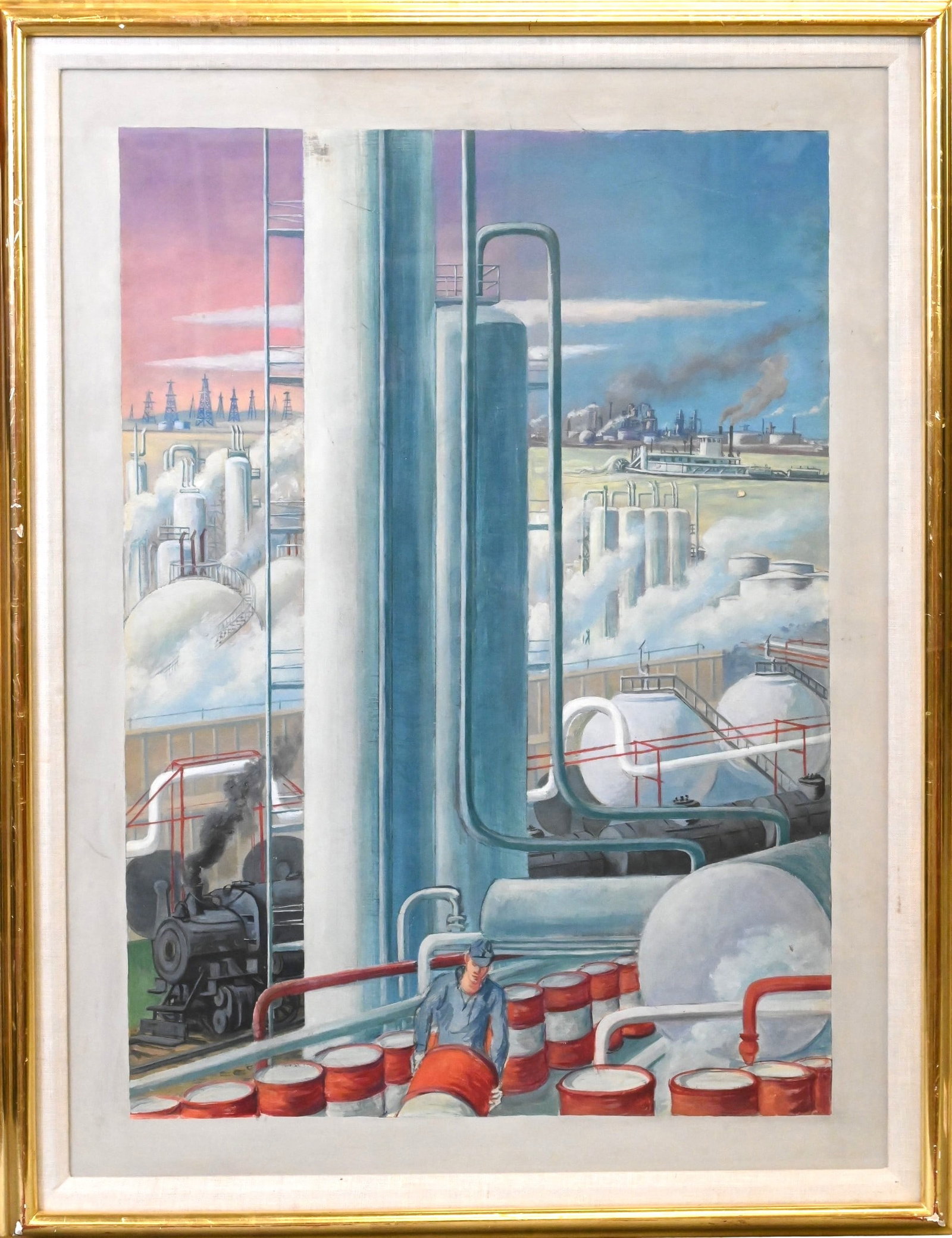 Ernest Fiene (German 1894-1965): Ernest Fiene (German 1894-1965) "Oil Refinery I", 1944 Oil on board 32" x 24" sight Provenance: Sotheby's New York, Arcade 03/20/1996, Lot:284 ($4,000) ACA Galleries, 41 East 57th St, New York City
