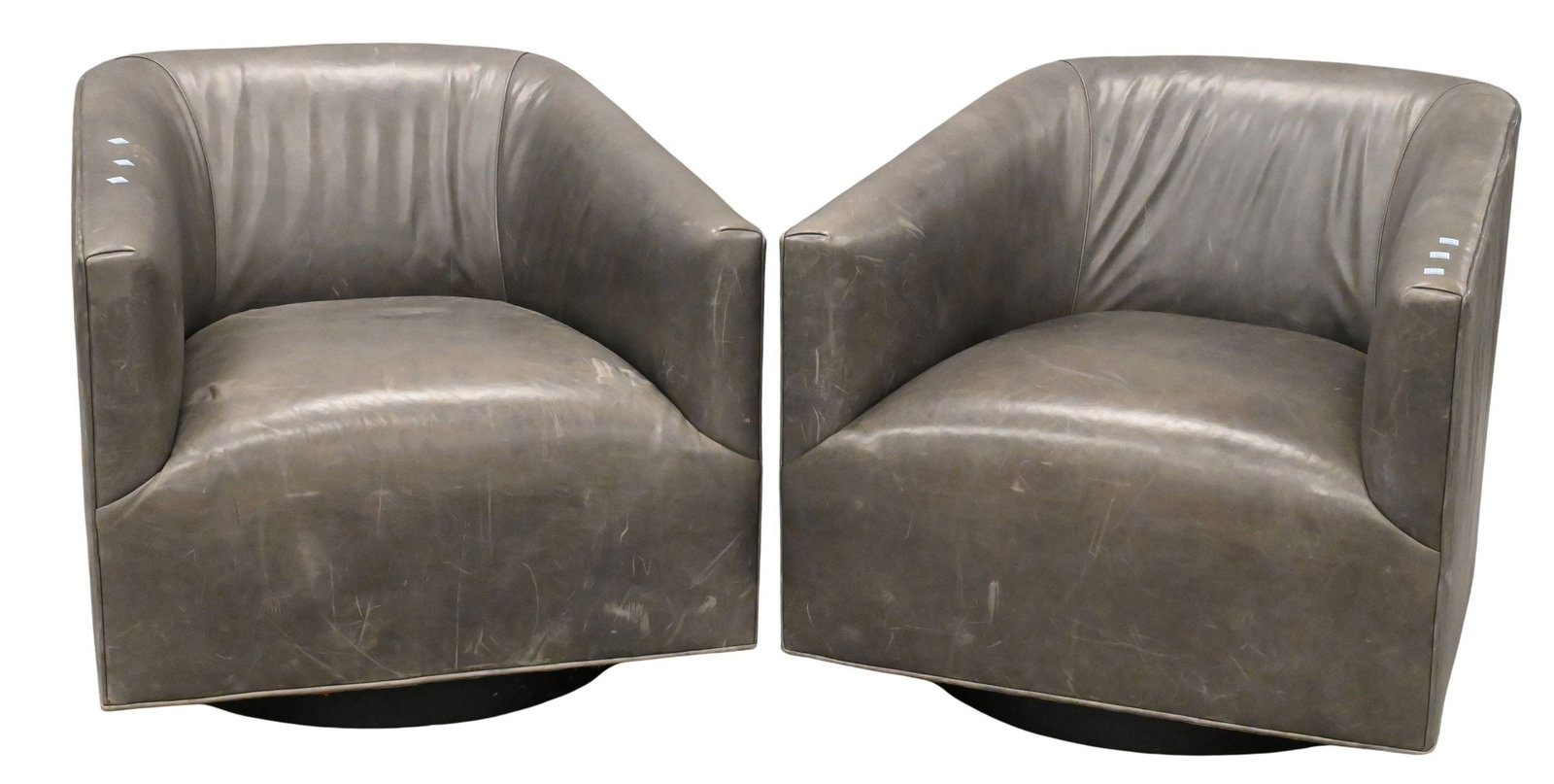 Pair of Restoration Hardware Leather Upholstered 1950's Italian Shelter Swivel Chairs: Pair of Restoration Hardware Leather Upholstered 1950's Italian Shelter Swivel Chairs height 29 inches, width 31 inches, depth 33 inches