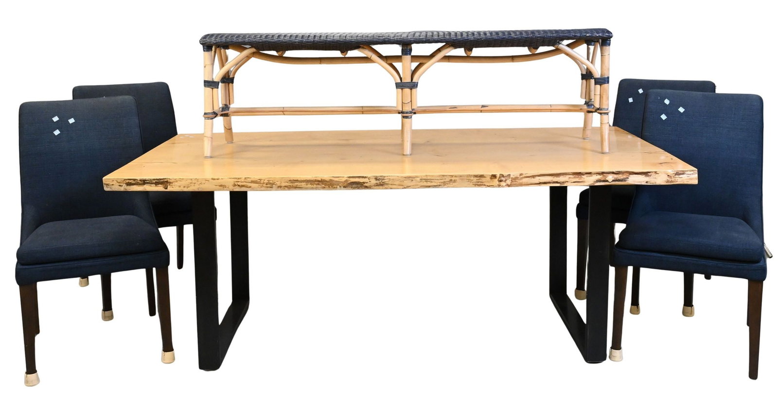 Seven Piece Contemporary Dining Set: Seven Piece Contemporary Dining Set to include live edge slab top dining table on metal legs, five chairs and bench table height 29 1/2 inches, top 41" x 78"