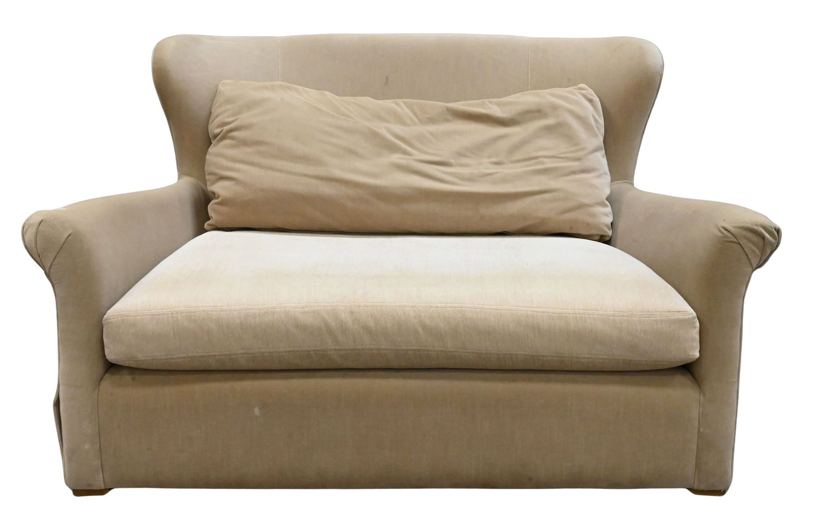 Restoration Hardware "Belgian Wingback" Upholstered Loveseat: Restoration Hardware "Belgian Wingback" Upholstered Loveseat minor soiling height 35 inches, length 56 inches, depth 45 inches