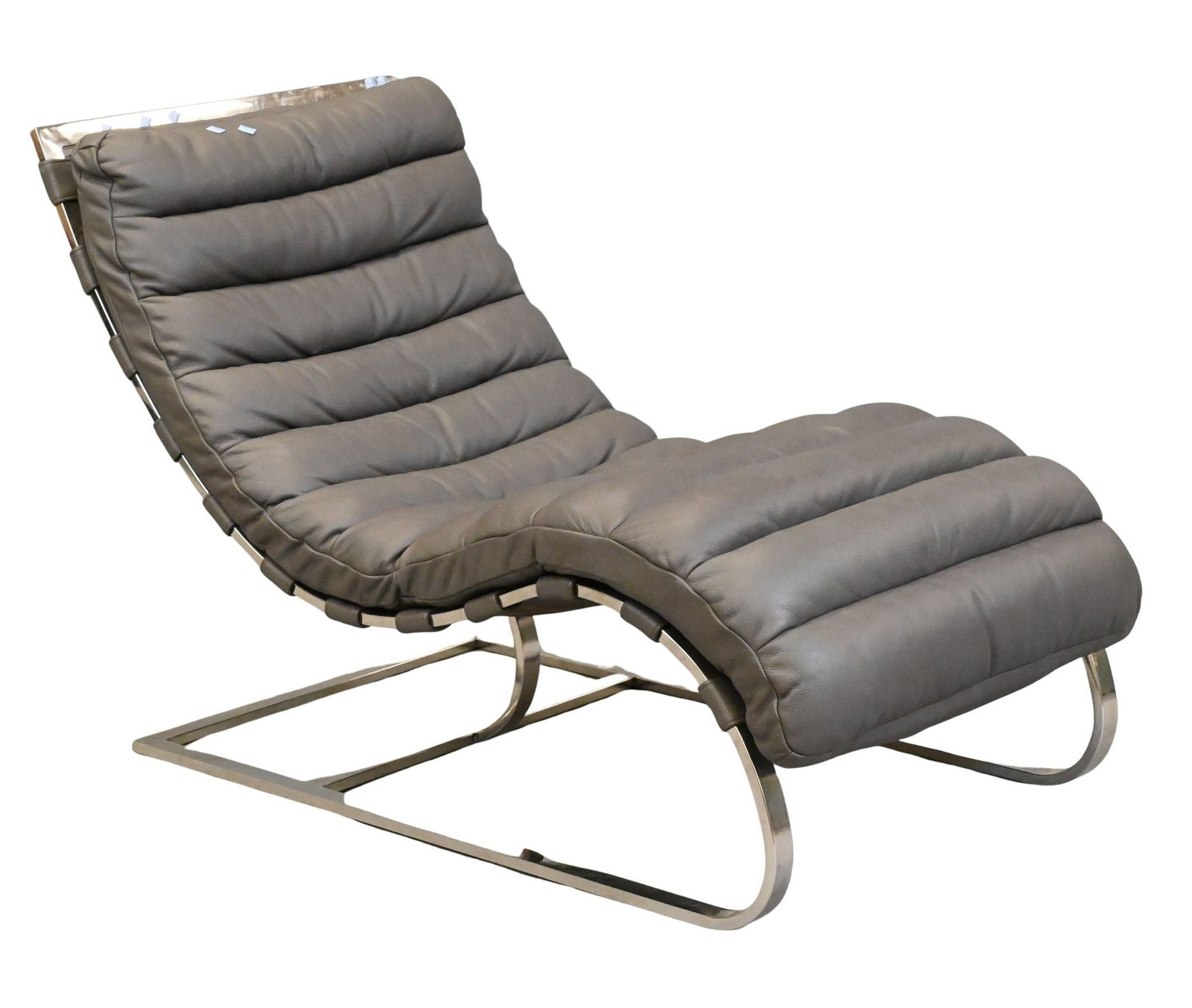 Restoration Hardware "Oviedo" Chaise Lounge: Restoration Hardware "Oviedo" Chaise Lounge having enamel-stiteled leather upholstery on curved stainless frame, retails new for $5,700 height 30 inches, length 44 inches