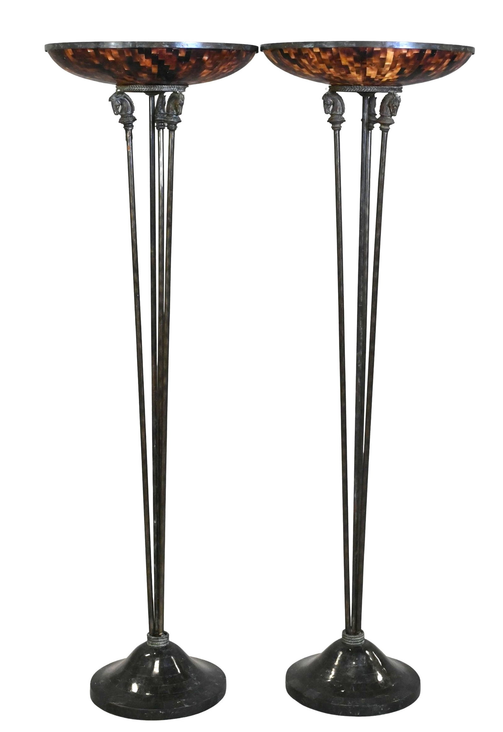 Pair of Maitland Smith Torchiere Floor Lamps: Pair of Maitland Smith Torchiere Floor Lamps each having faux tortoise shell mosaic shades over three horse head supports, ending in marble base height 71 inches