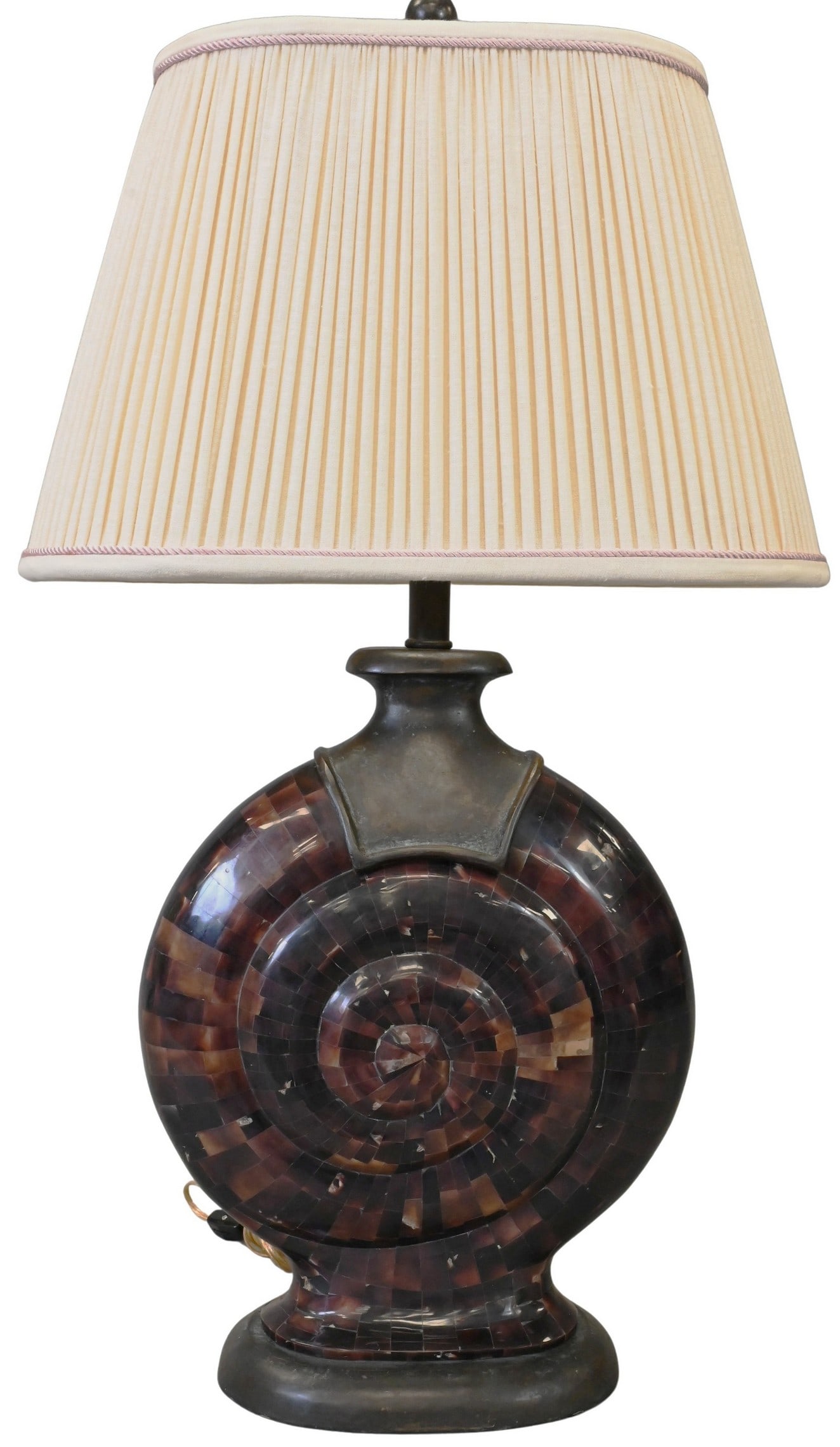 Maitland Smith Snail Shell Table Lamp: Maitland Smith Snail Shell Table Lamp in Pen Shell and bronze, custom shade, marked MS height 33 inches