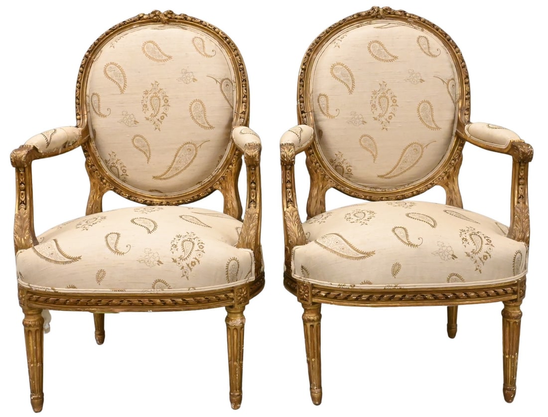 Pair of Louis XVI Style Open Armchairs: Pair of Louis XVI Style Open Armchairs height 40 1/2 inches, width 25 inches, depth 23 inches