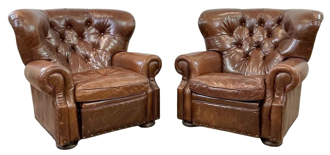 Pair of Restoration Hardware "Churchill" Tufted Leather Recliners: Pair of Restoration Hardware "Churchill" Tufted Leather Recliners retail price $6,280 per chair height 37 inches, width 41 inches, depth 42 inches