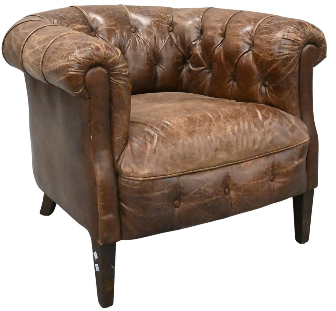 Restoration Hardware Distressed Leather Club Chair: Restoration Hardware Distressed Leather Club Chair having tufted back and rolled arms height 27 inches, width 34 inches, depth 33 inches