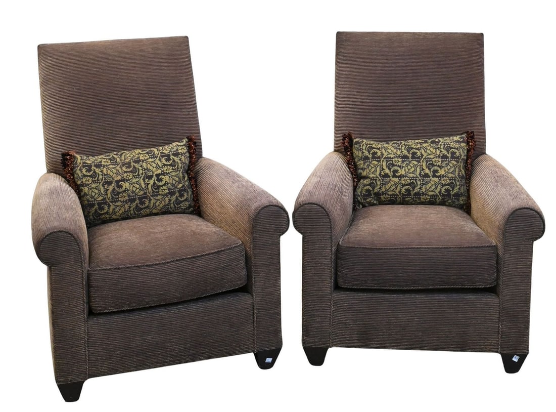 Pair of John Hutton for Donghia Upholstered Club Chairs: Pair of John Hutton for Donghia Upholstered Club Chairs having label to underseat height 39 inches, width 31 inches, depth 32 inches