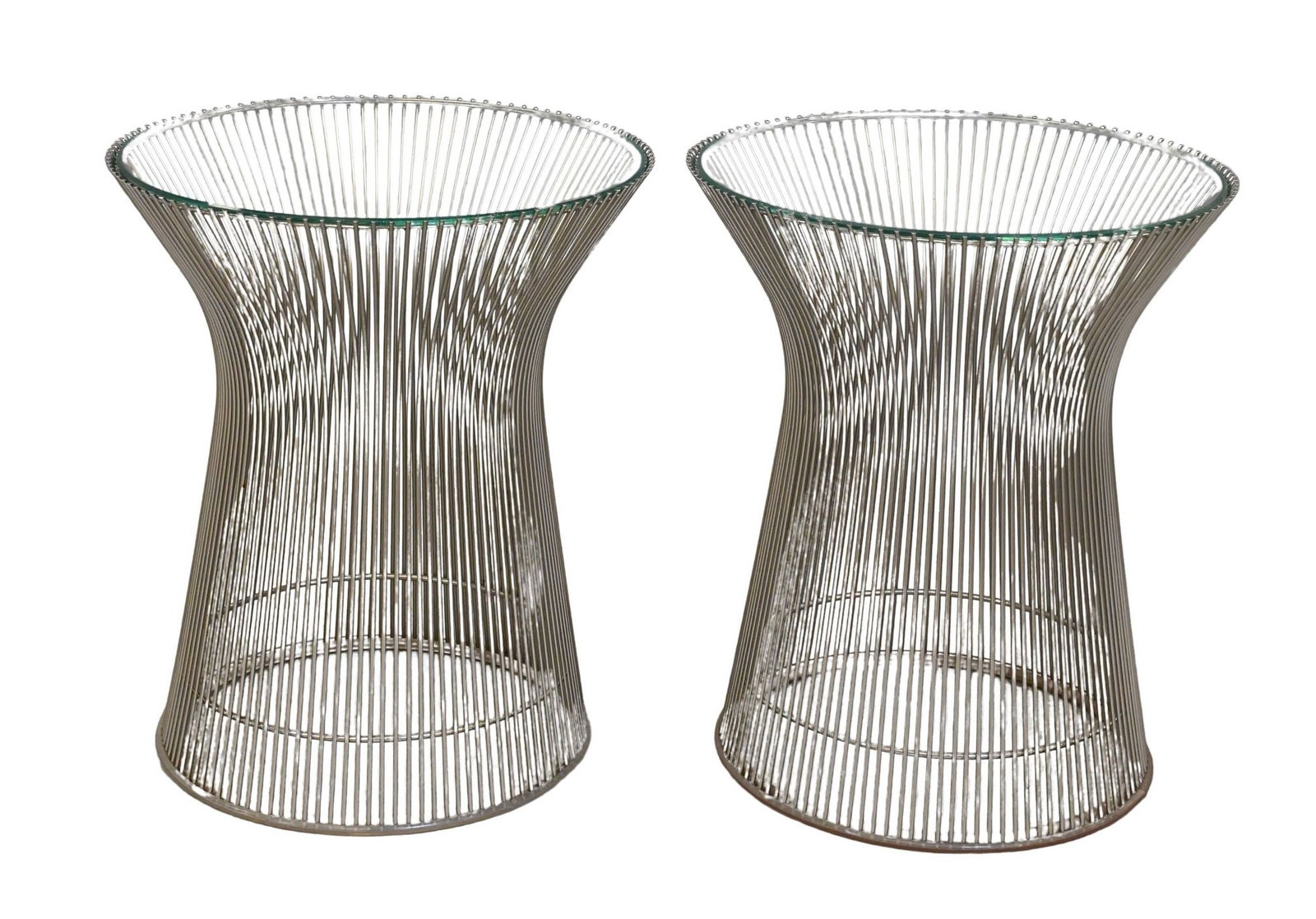 Pair of Warren Platner for Knoll "Platner" Side Tables: Pair of Warren Platner for Knoll "Platner" Side Tables having glass tops set on steel bases height 18 inches, diameter 15 1/2 inches