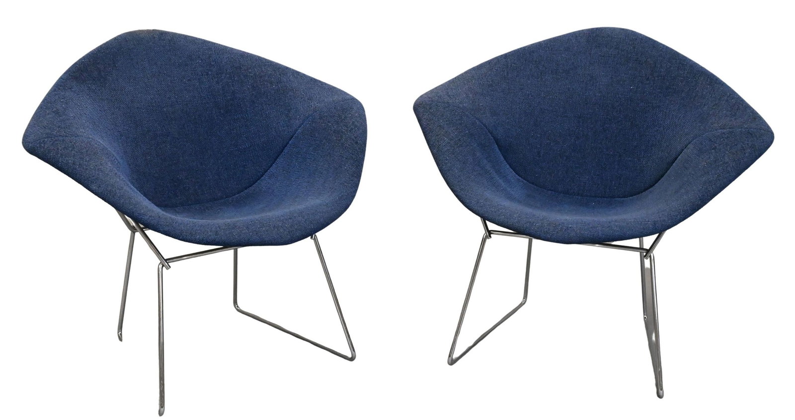 Pair of Harry Bertoia for Knoll "Diamond" Chairs: Pair of Harry Bertoia for Knoll "Diamond" Chairs having blue upholstered seats set on chrome plated steel frames height 29 1/2 inches, width 34 inches Reference: Current comparable examples retail for
