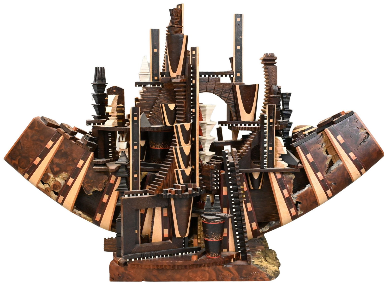 Po Shun Leong (Chinese/British B.1941): Po Shun Leong (Chinese/British B.1941) "Ark", 2012 architectural sculpture composed of layered and inlaid walnut burl and contrasting woods, forming a stylized vessel with stepped towers, bridges,