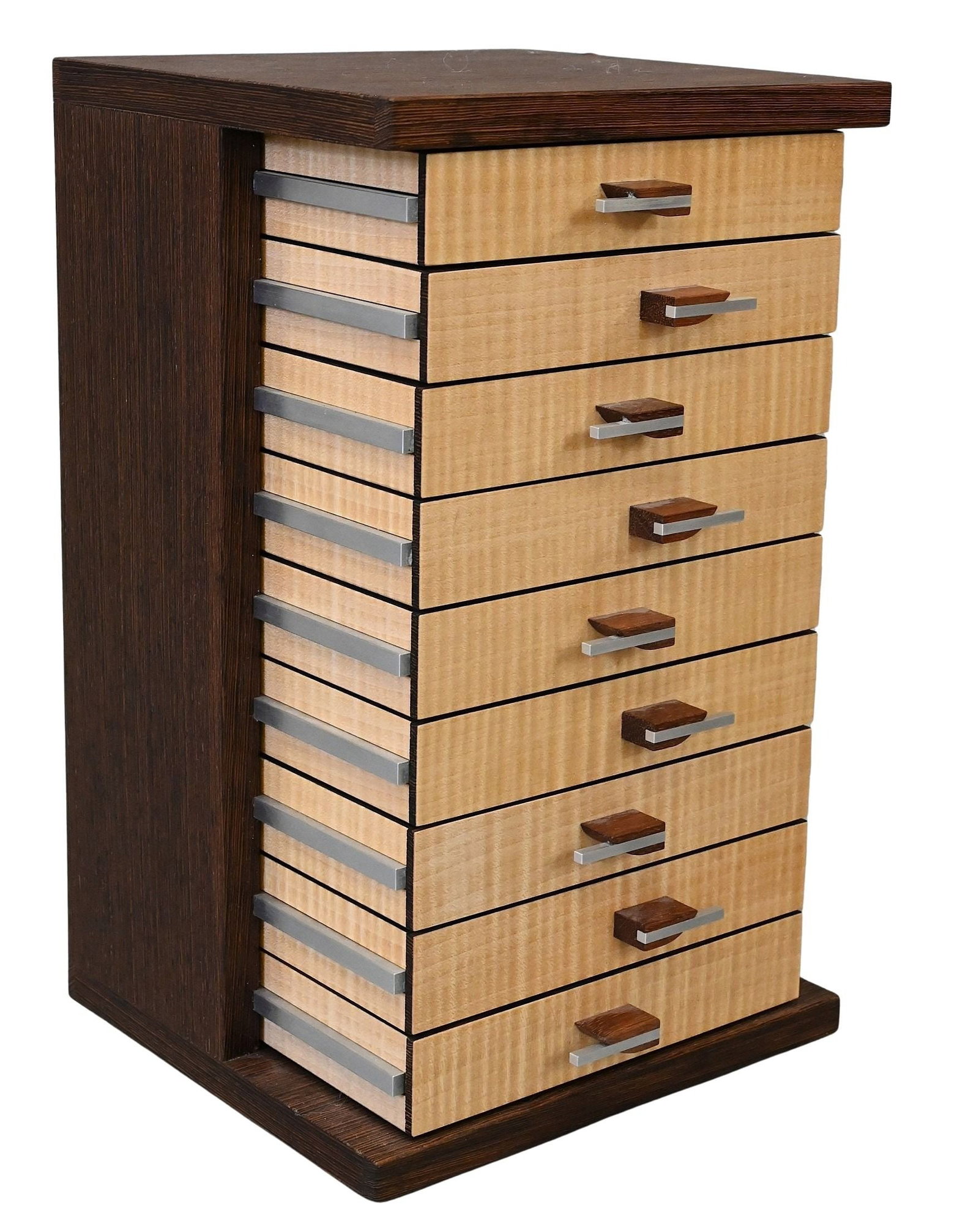 Raymond Bock (American 20th/21st Century): Raymond Bock (American 20th/21st Century) Custom Jewelry or Trinket Box, 2016 Rectangular form having a dark wood top and base over a case fitted with multiple drawers featuring figured light wood