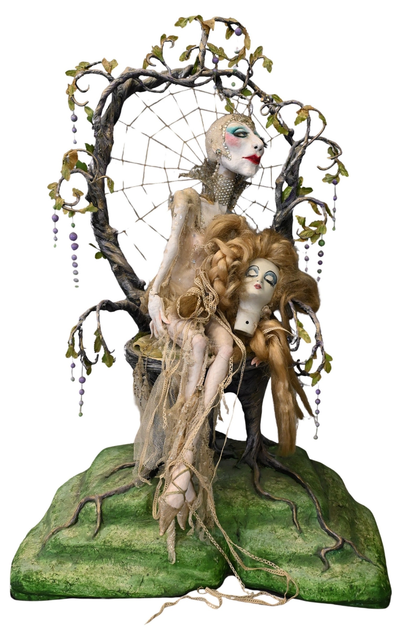 Van Craig (American 20th/21st Century): Van Craig (American 20th/21st Century) Queen of the Gossamer Web Throne Figural Papier-Mache and mixed media sculpture featuring surreal elongated female figure seated on a throne beneath a twisting