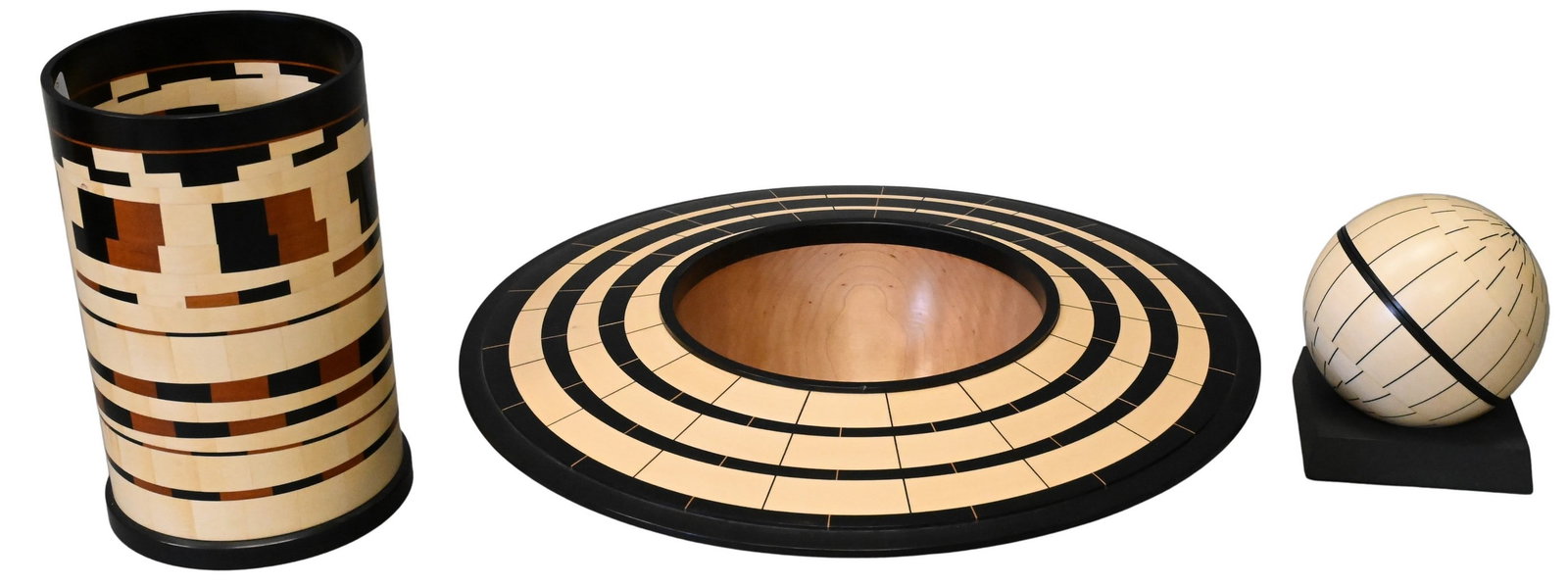 Three: Charles Faucher (American 20th/21st Century): Three: Charles Faucher (American 20th/21st Century) "Secret Sphere" Holly and ebony wood box Signed on separate base Diameter 4 inches "Striped Vessel" Rings of holly and ebony step and swing from
