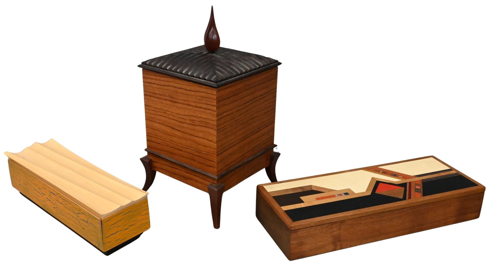 Three Piece Studio Woodwork Group: Three Piece Studio Woodwork Group to include Jacquelyn Smith (20th Century) "Little Flame", 2009 Height 11 1/2 inches Provenance: Northwest Fine Woodworking, Seattle, Washington ($625) Robert grams