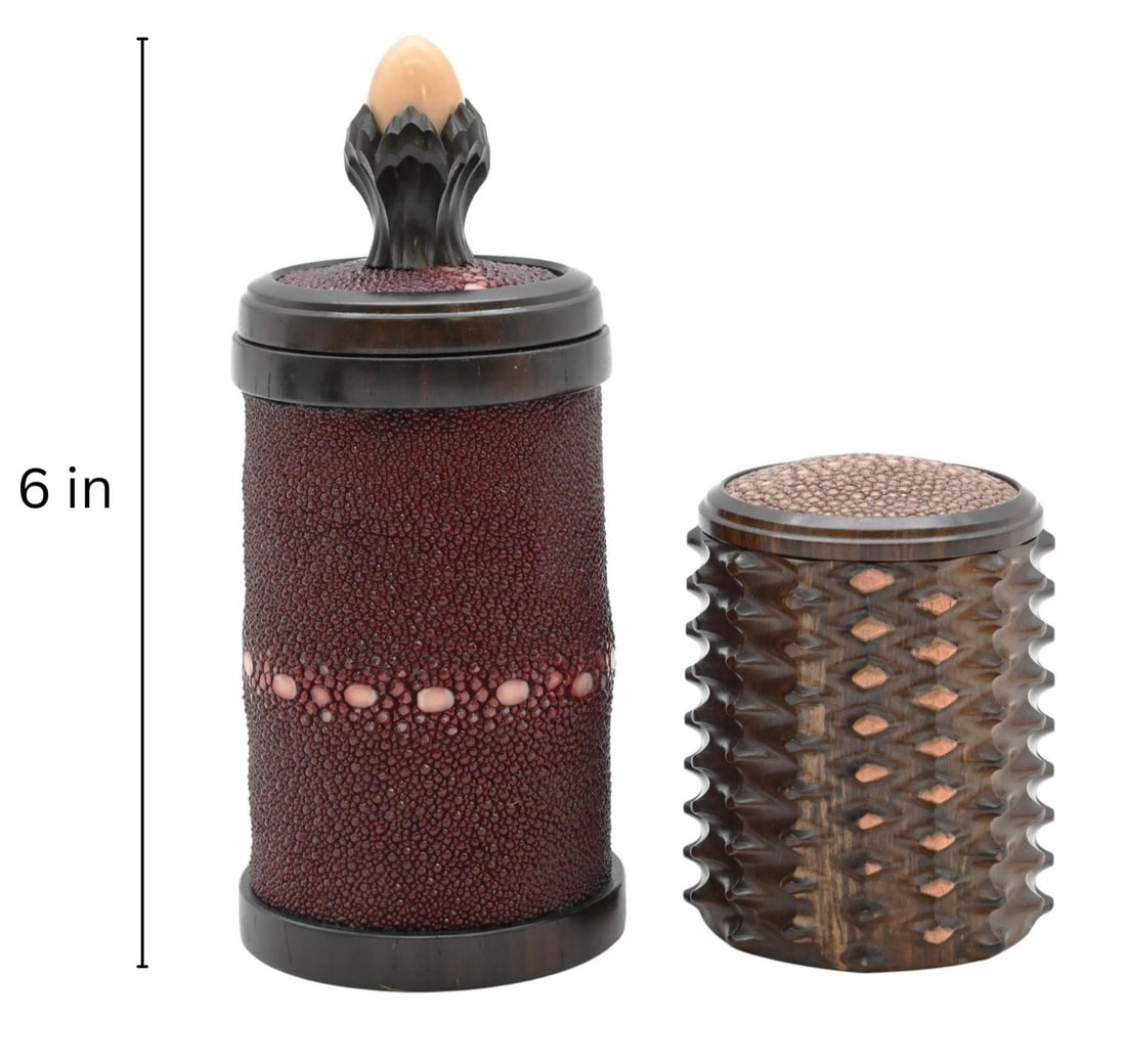 Two: Jon Sauer (American B.1949) Ornamental Boxes: Two: Jon Sauer (American B.1949) Ornamental Boxes a turned wood example having a studded, textured exterior and fitted shagreen lid, together with a cylindrical example covered in burgundy shagreen