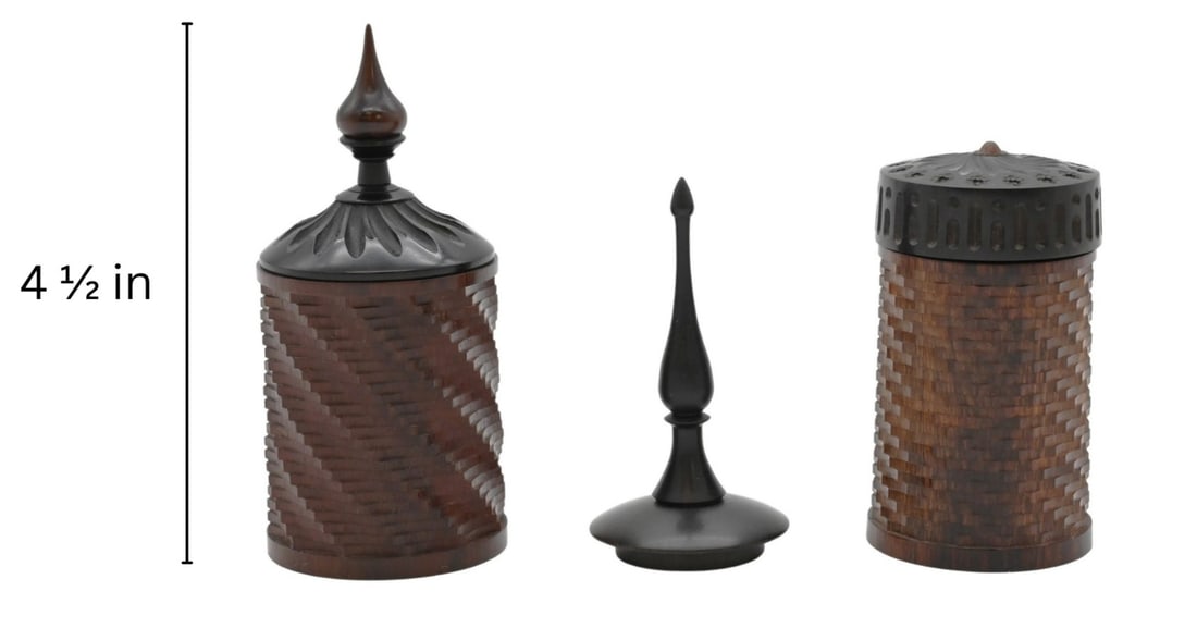 Two: Jon Sauer (American B.1949) Ornamental Boxes: Two: Jon Sauer (American B.1949) Ornamental Boxes Cylindrical forms having deeply carved and textured surfaces, one featuring a cross-hatched pattern and the other a diagonal spiral design, each with