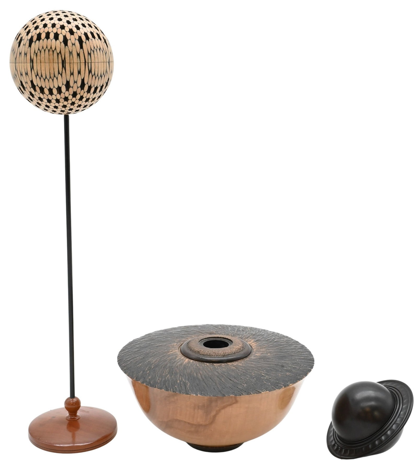 Three Piece Studio Woodwork Group: Three Piece Studio Woodwork Group to include David Belser (American 20th/21st Century) "Phyllostachys Hexagonos", 2009 Turned wood sphere Signed and dated on underside David Belser 2009 Height 12 1/2