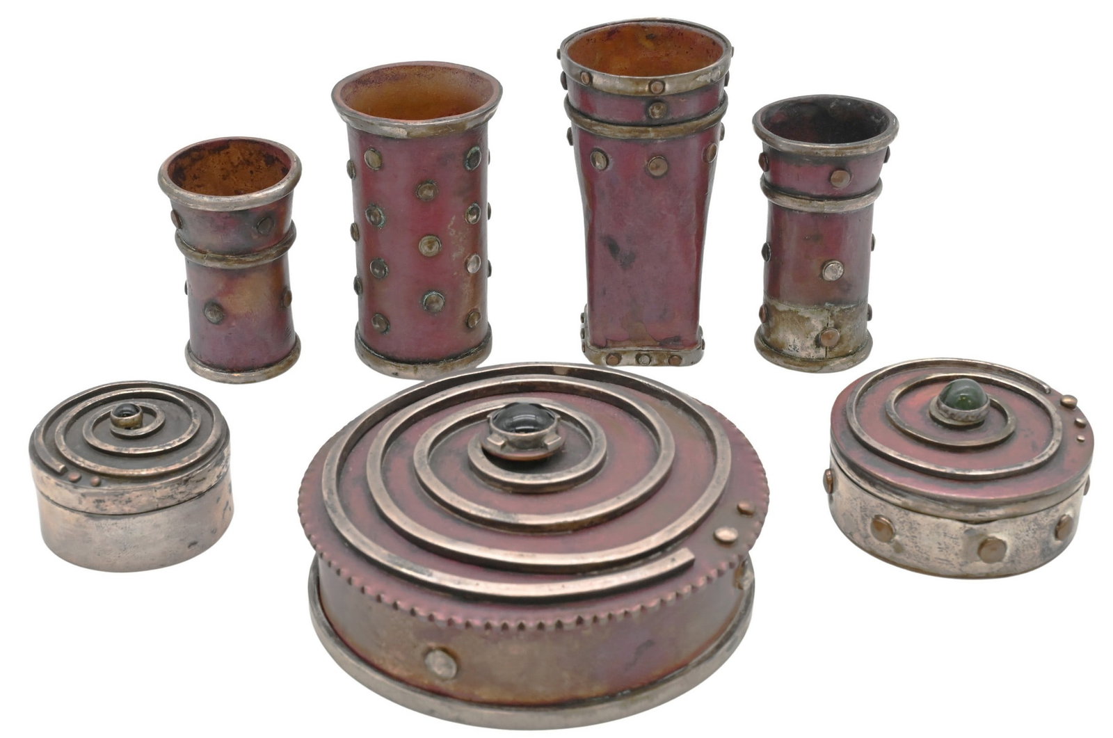Seven Piece Willy Strasser (American 20th Century) Group: Seven Piece Willy Strasser (American 20th Century) Group mixed metal sterling and red-finished copper elements having applied stud decoration and concentric ring designs, including three covered