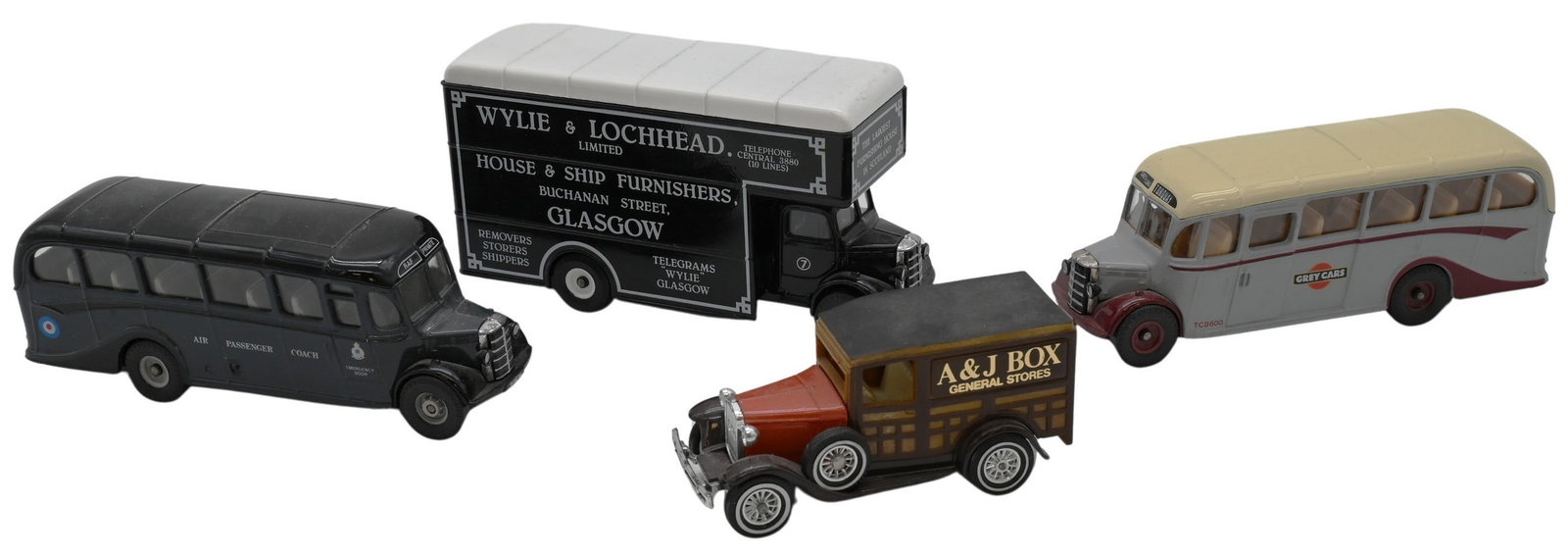 Collection of Solido and Match Box Cars: Collection of Solido and Match Box Cars Assorted group of die-cast and tin toy vehicles including delivery vans, trucks, service vehicles, and accessories, many in painted finishes with commercial