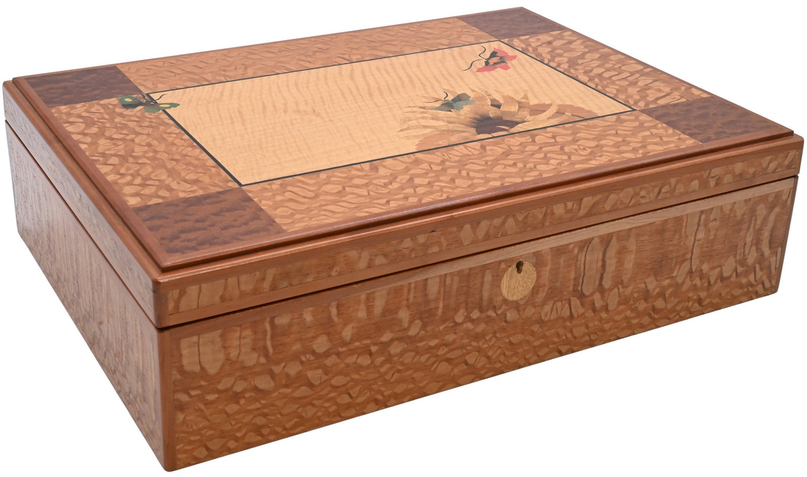 Tim Swanberg (American 20th/21st Century): Tim Swanberg (American 20th/21st Century) Butterfly Jewelry Box Rectangular hinged box having burlwood and satinwood veneer, the lid centered by an inlaid panel featuring butterflies. Interior fitted
