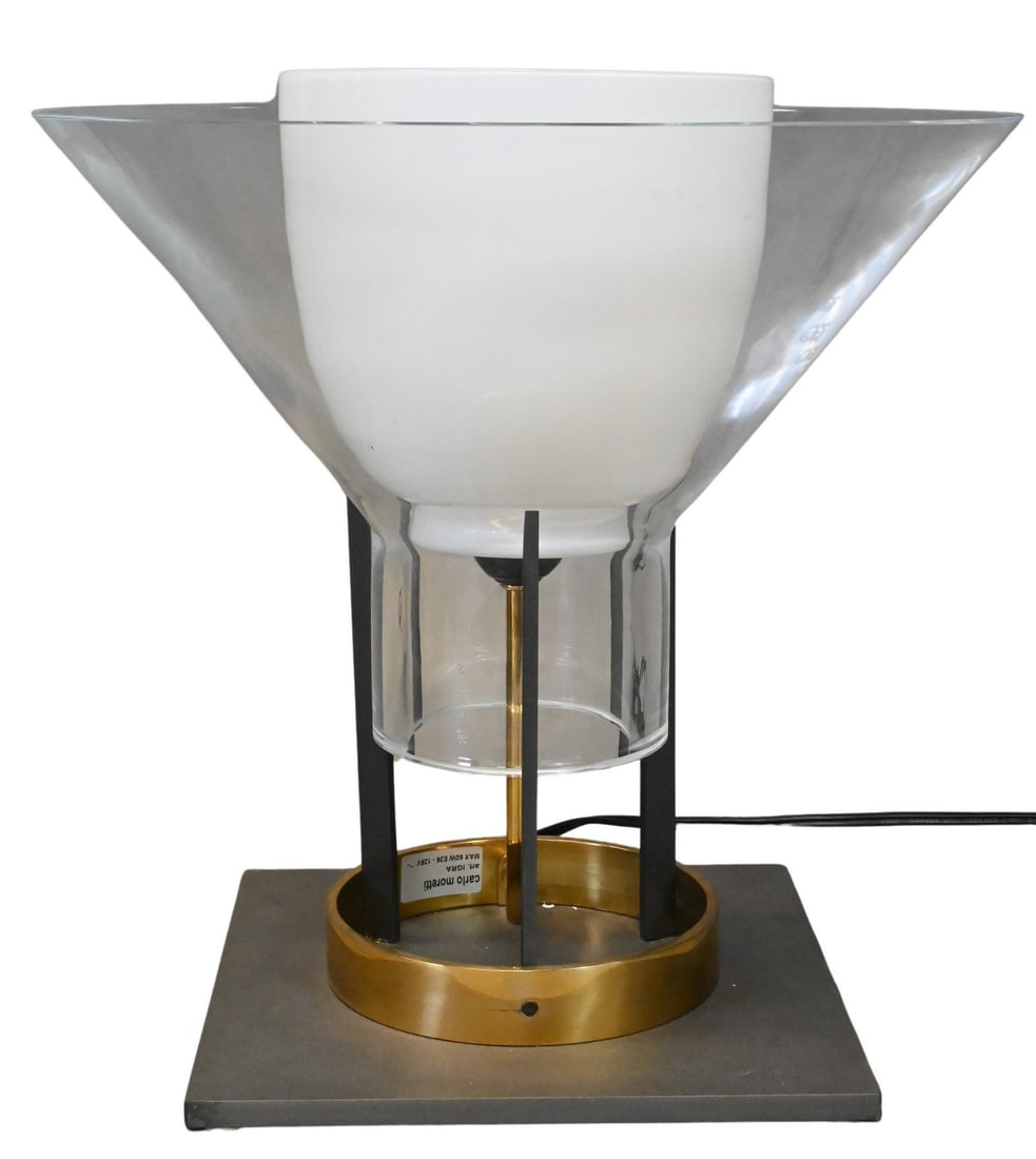 Carlo Moretti and Paolo Martinuzzi "Igra" Table Lamp: Carlo Moretti and Paolo Martinuzzi "Igra" Table Lamp Modern table lamp having an anthracite-painted metal and natural brass base supporting an illuminating body in Murano crystal Height 14 1/2