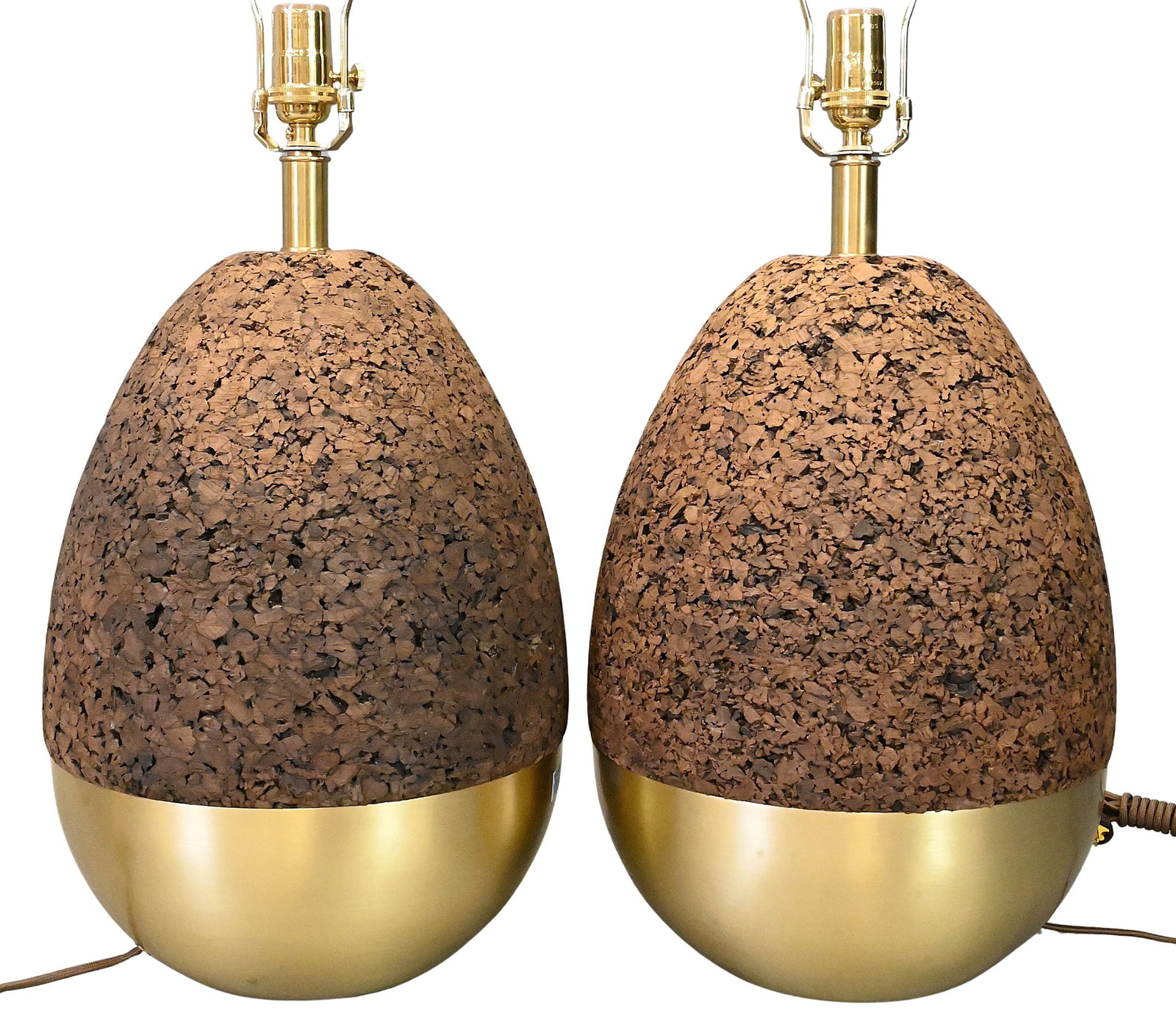 Pair of Mid Century Brass and Cork Egg Form Table Lamps: Pair of Mid Century Brass and Cork Egg Form Table Lamps Each having an egg-form body combining brass and cork elements, newly rewired and fitted with adjustable polished brass double cluster sockets