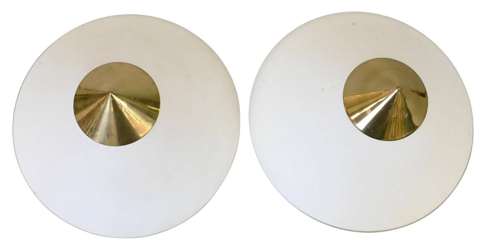 Pair of Mid Century LimBurg Glass and Brass Flush Mount Sconces: Pair of Mid Century LimBurg Glass and Brass Flush Mount Sconces Each of inverted conical form having a frosted glass shade surmounted by a brass collar and terminating in a pointed brass finial