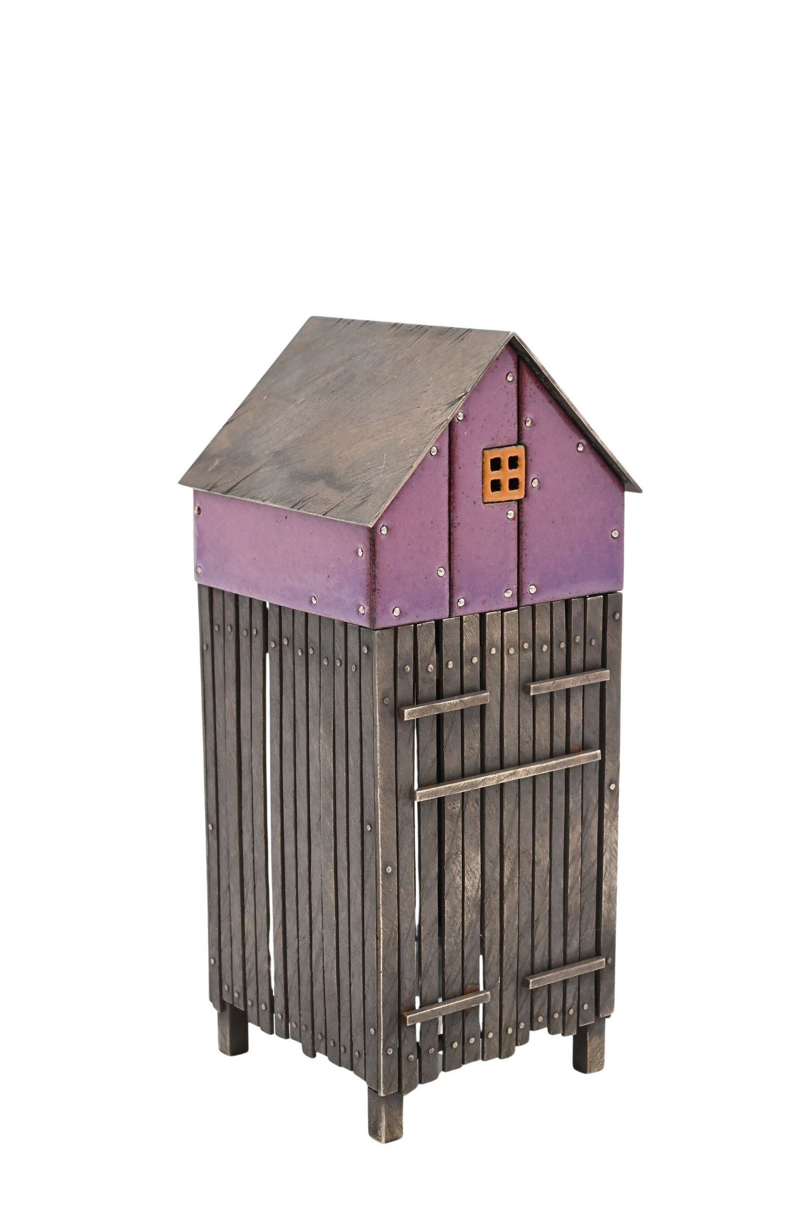 Robert Farrell (American B.1960): Robert Farrell (American B.1960) "Fish", Fisherman's Shack raised on stilts Sterling silver, kiln-fired glass enamel on copper, nickel silver Height 7 1/2 inches, width 3 inches, depth 3 inches Proven