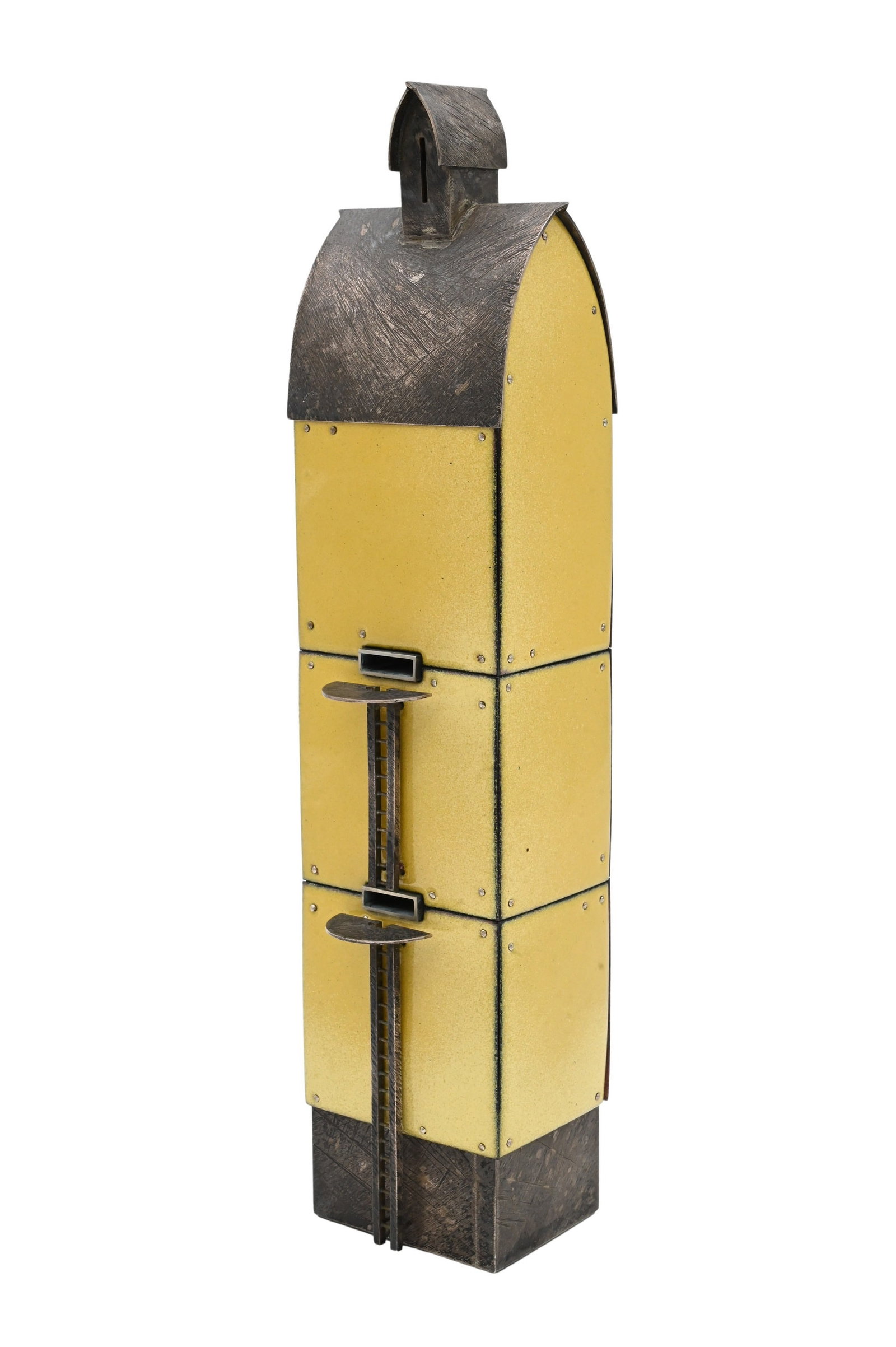 Robert Farrell (American B.1960): Robert Farrell (American B.1960) "Canary", Yellow Barn Sterling silver, kiln-fired glass enamel on copper, nickel silver Height 12 1/2 inches, width 2 1/2 inches, depth 2 inches Provenance: Property f