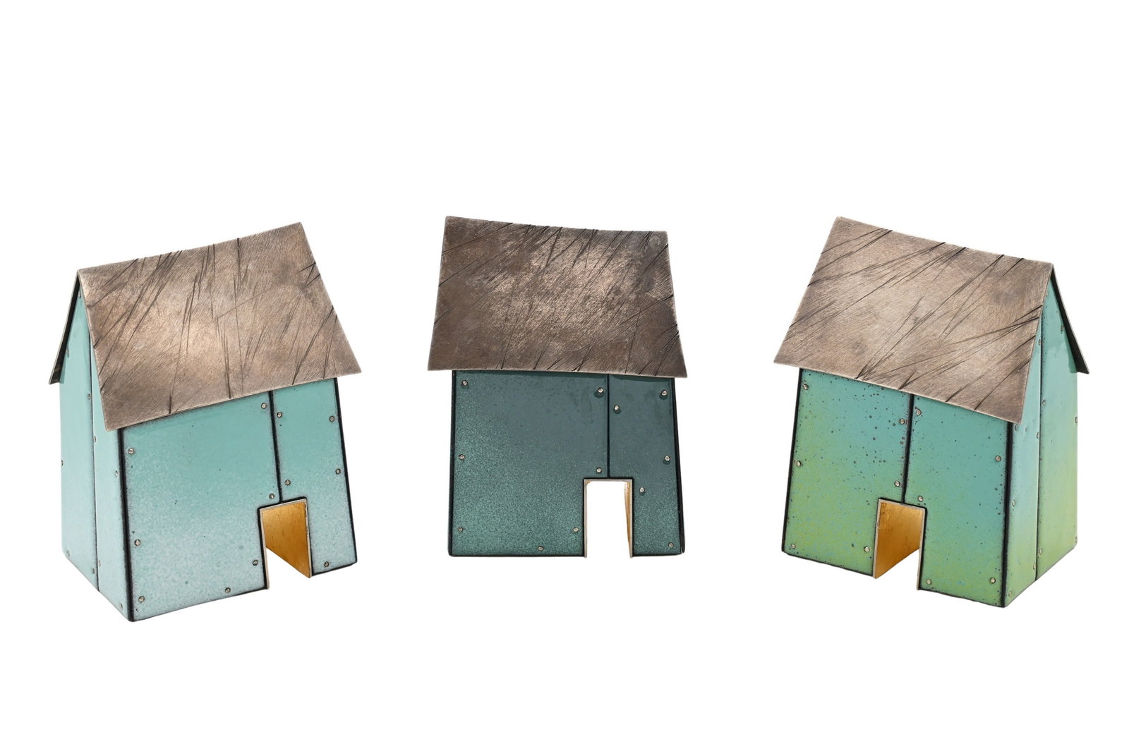 Three: Robert Farrell (American B.1960): Three: Robert Farrell (American B.1960) "May" Architectural Barn Models Sterling silver, kiln-fired glass enamel on copper, 23k gold leaf Height 5 1/2 inches, width 4 1/2 inches, depth 3 inches Proven