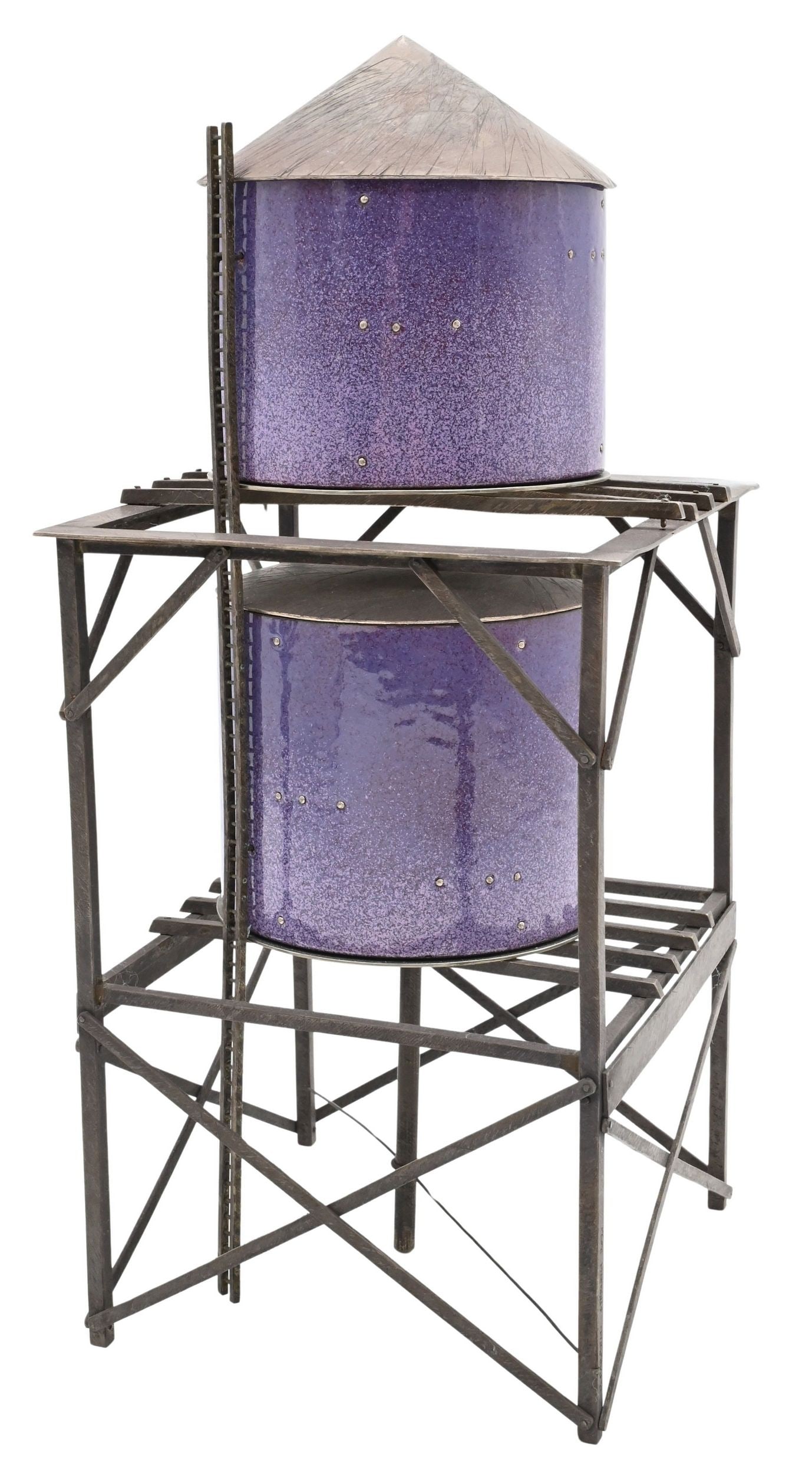 Robert Farrell (American B.1960): Robert Farrell (American B.1960) "Manhattan" Water Tower Sterling silver, kiln-fired glass enamel on copper, nickel silver Height 13 1/2 inches, width 5 1/2 inches, depth 5 1/2 inches Provenance: Prop