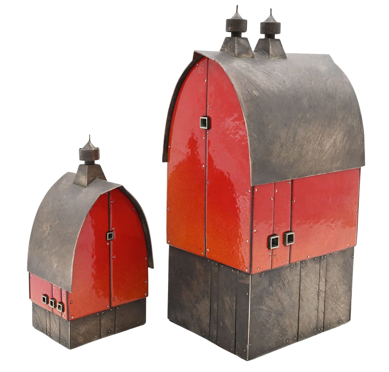 Two: Robert Farrell (American B.1960): Two: Robert Farrell (American B.1960) "Summer" Red Barn, 2021 Sterling silver, kiln-fired glass enamel on copper, nickel silver Both signed and dated on underside R.Farrell 2021 Height 12 inches,