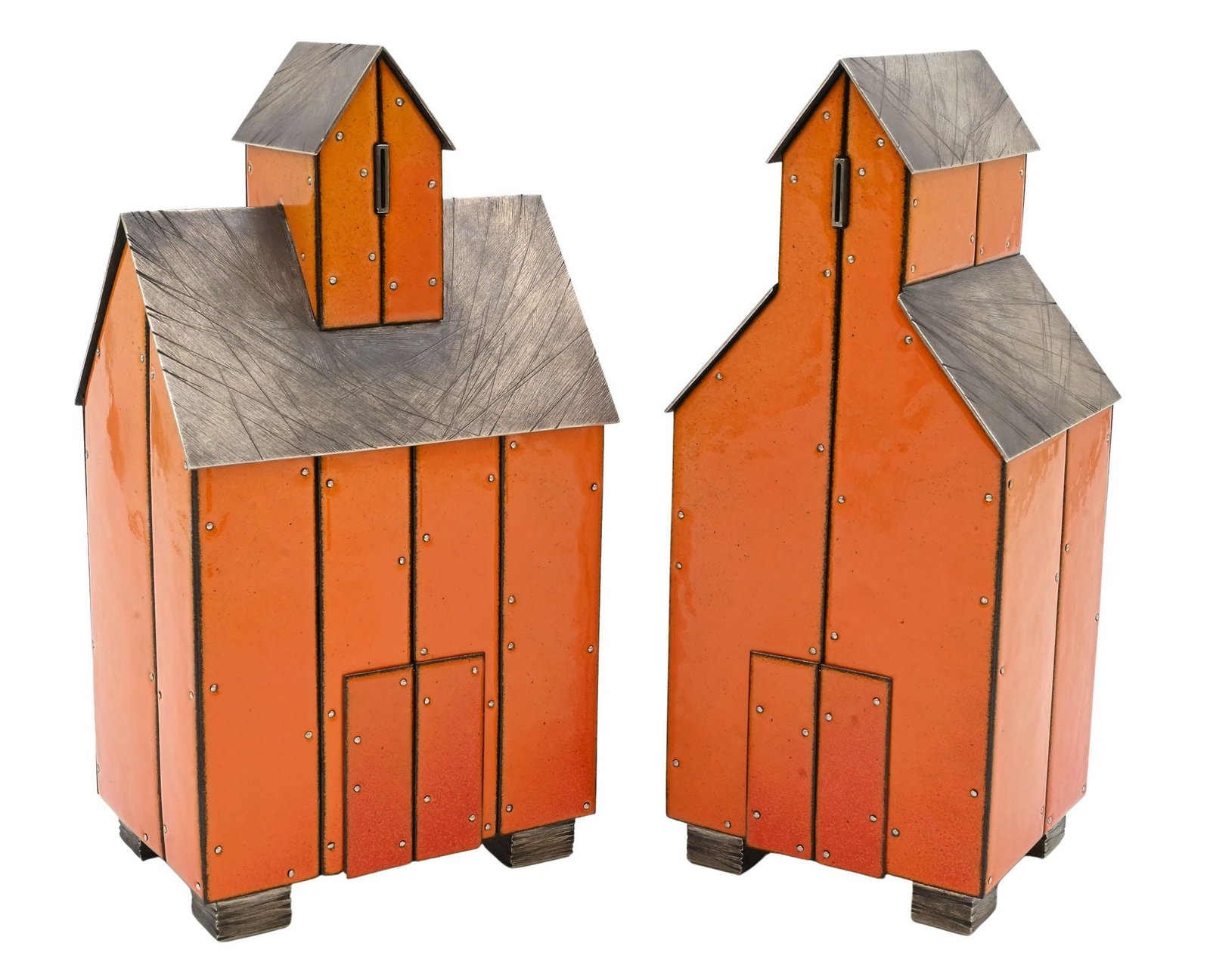 Two: Robert Farrell (American B.1960): Two: Robert Farrell (American B.1960) "August" Grain Elevators, 2023 Sterling silver, kiln-fired glass enamel on copper, nickel silver Both signed and dated on underside R.Farrell 2023 Height 10 inche