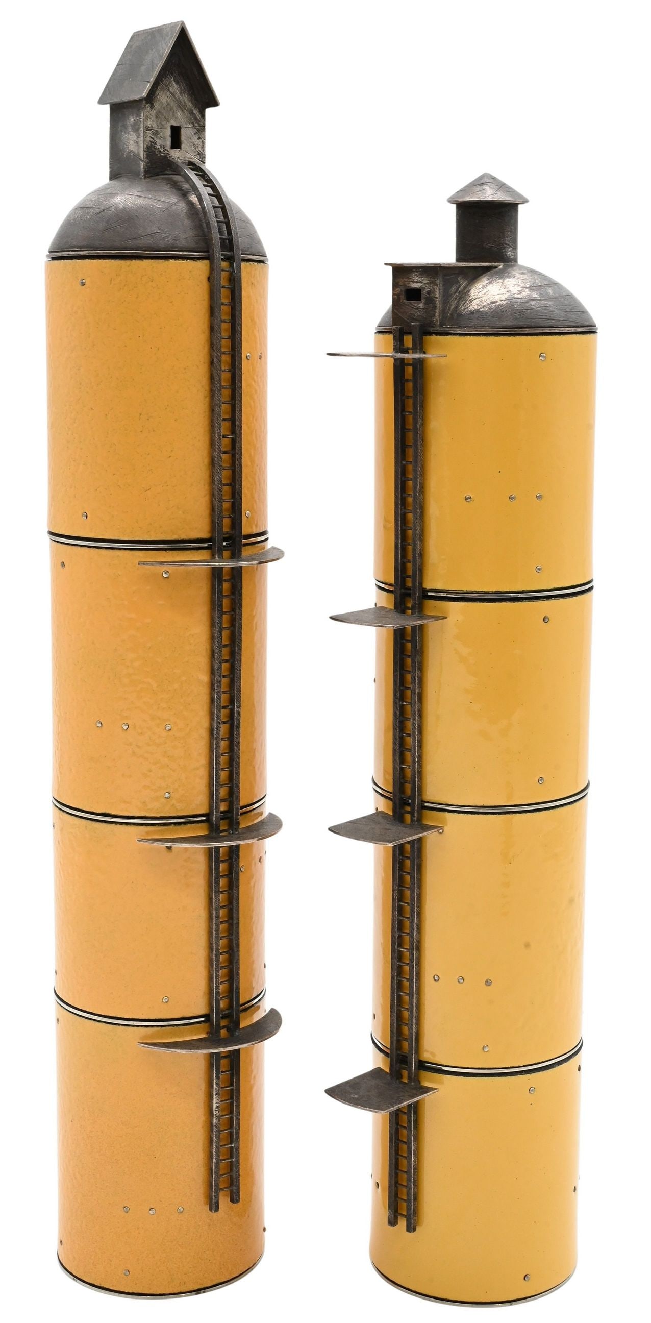Two: Robert Farrell (American B.1960): Two: Robert Farrell (American B.1960) "Daybreak" Silos Sterling silver, kiln-fired glass enamel on copper, nickel silver Height 14 inches, height 15 1/2 inches Provenance: Property from a Park Avenue