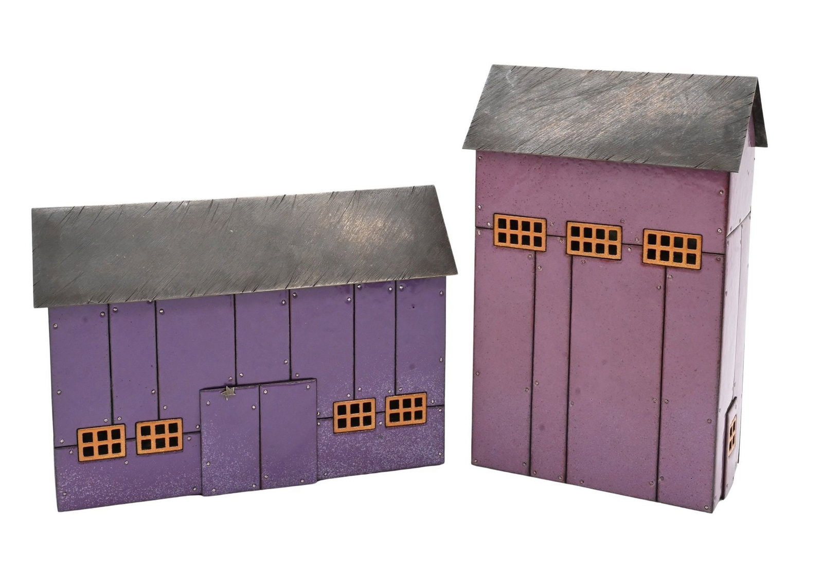 Two: Robert Farrell (American B.1960): Two: Robert Farrell (American B.1960) "Orchid" Barns, 2020 Sterling silver, kiln-fired glass enamel on copper, nickel silver Both signed and dated on underside R.Farrell 2020 Height 9 1/2 inches, widt