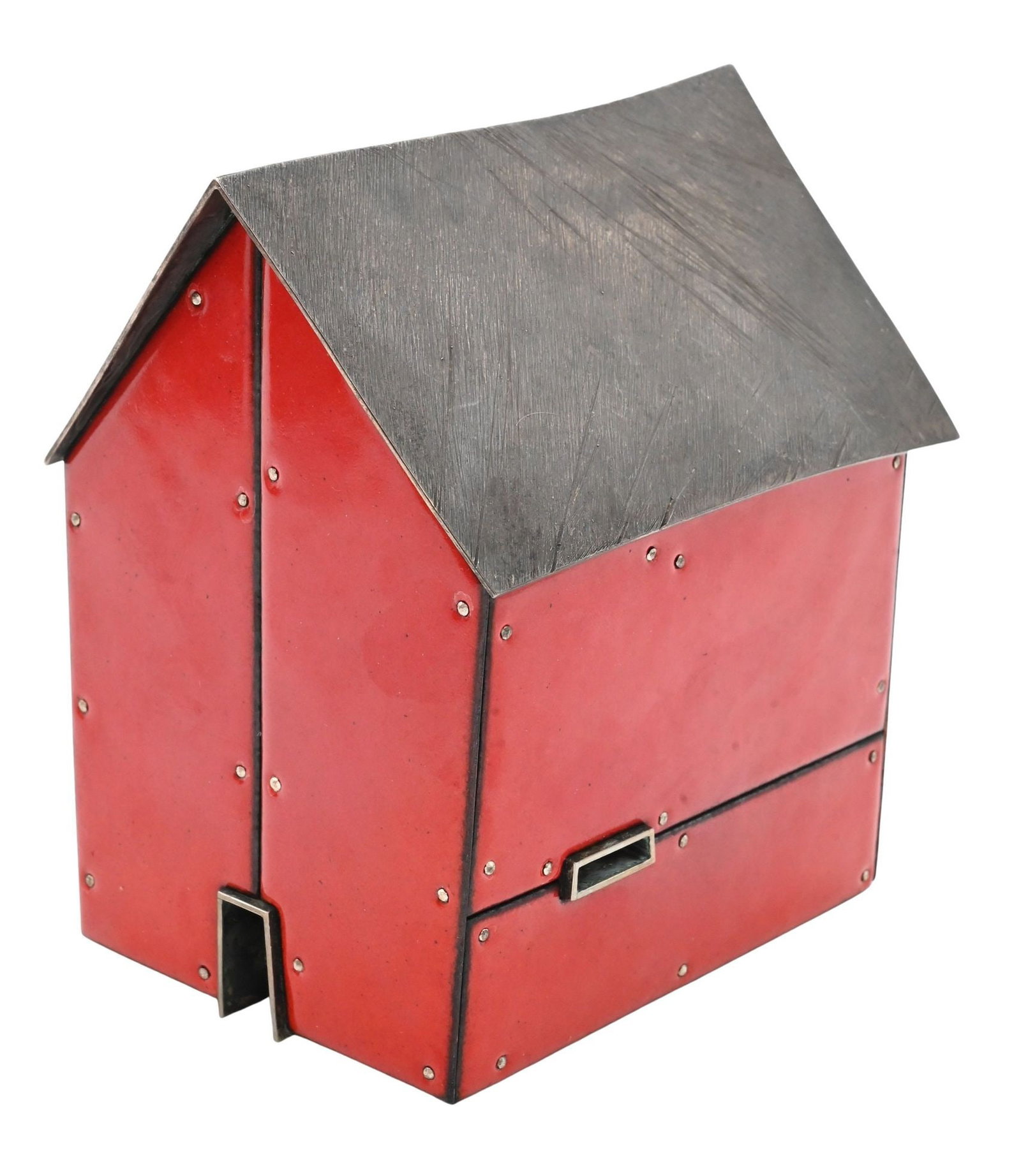 Robert Farrell (American B.1960): Robert Farrell (American B.1960) "July" Red Barn Sterling silver, kiln-fired glass enamel on copper, nickel silver Signed on underside R.Farrell Height 21 1/2 inches, width 15 inches, depth 6 inches
