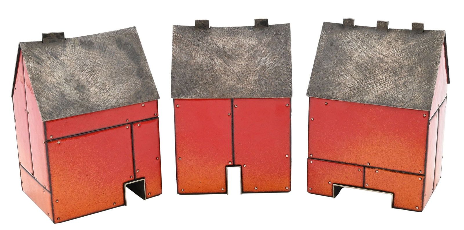 Three: Robert Farrell (American B.1960): Three: Robert Farrell (American B.1960) "July, 3" Red Barns, 2015 Sterling silver, kiln-fired glass enamel on copper, nickel silver Each signed and dated on underside R.Farrell 2015 Each height 6