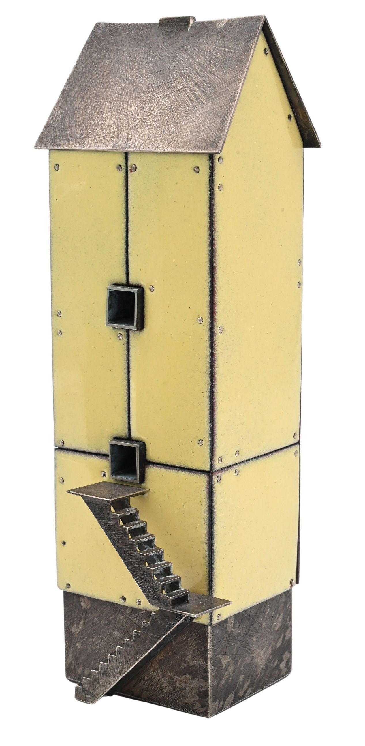Robert Farrell (American B.1960): Robert Farrell (American B.1960) "Butter", Yellow Barn Sterling silver, kiln-fired glass enamel on copper, nickel silver Height 9 inches, width 2 3/4 inches, depth 2 1/2 inches Provenance: Property fr
