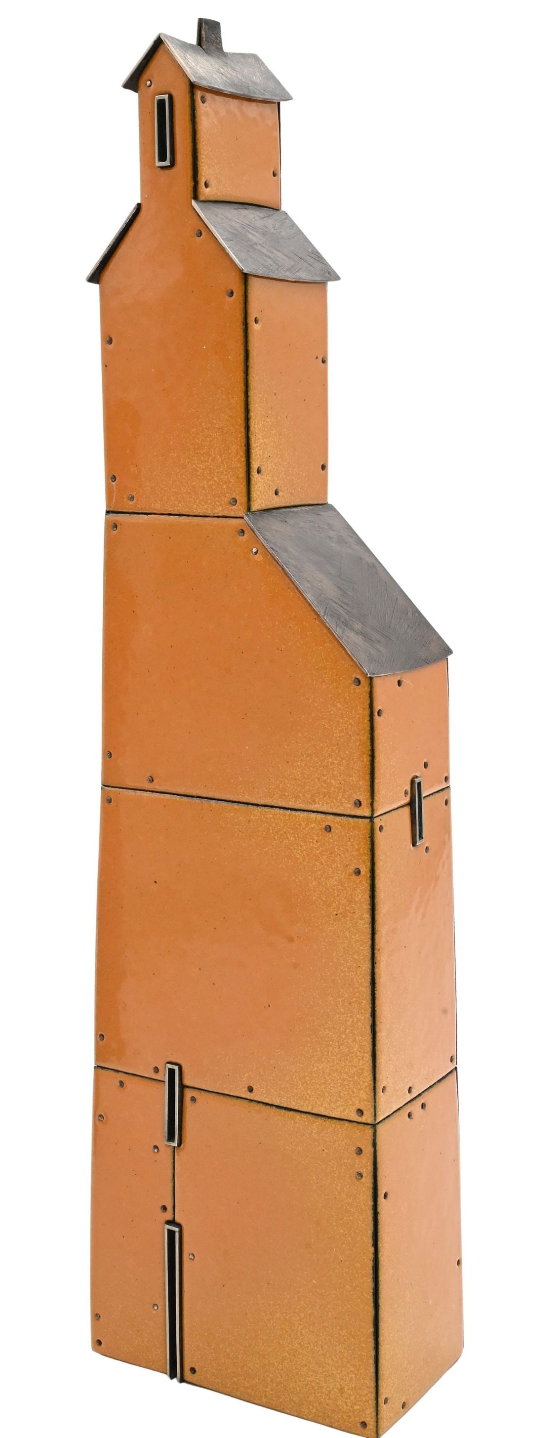 Robert Farrell (American B.1960): Robert Farrell (American B.1960) ''October", Grain Elevator Sterling silver, kiln-fired glass enamel on copper, nickel silver Height 16 inches, width 4 inches, depth 2 1/2 inches Provenance: Property 