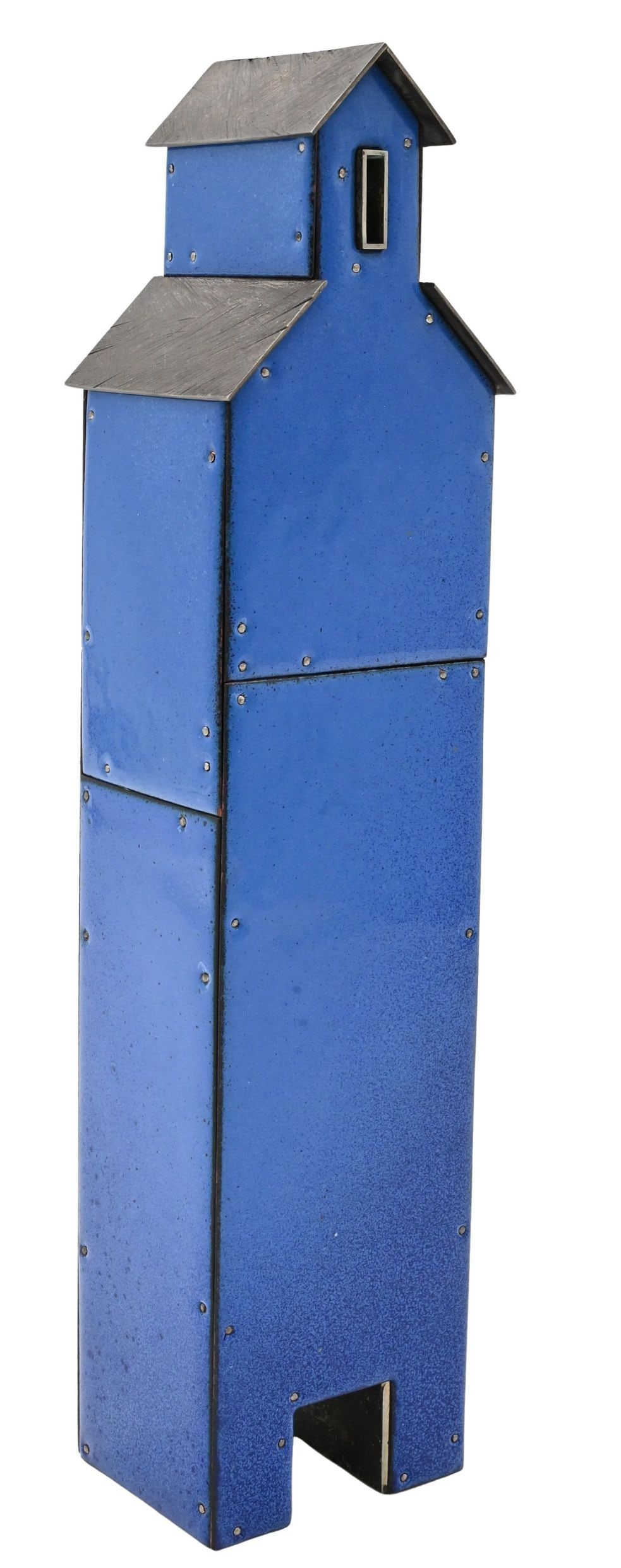 Robert Farrell (American B.1960): Robert Farrell (American B.1960) ''Blue", Grain Elevator, 2017 Sterling silver, kiln-fired glass enamel on copper, nickel silver Signed and dated on underside R.Farrell 2017 Height 12 inches, width 2 