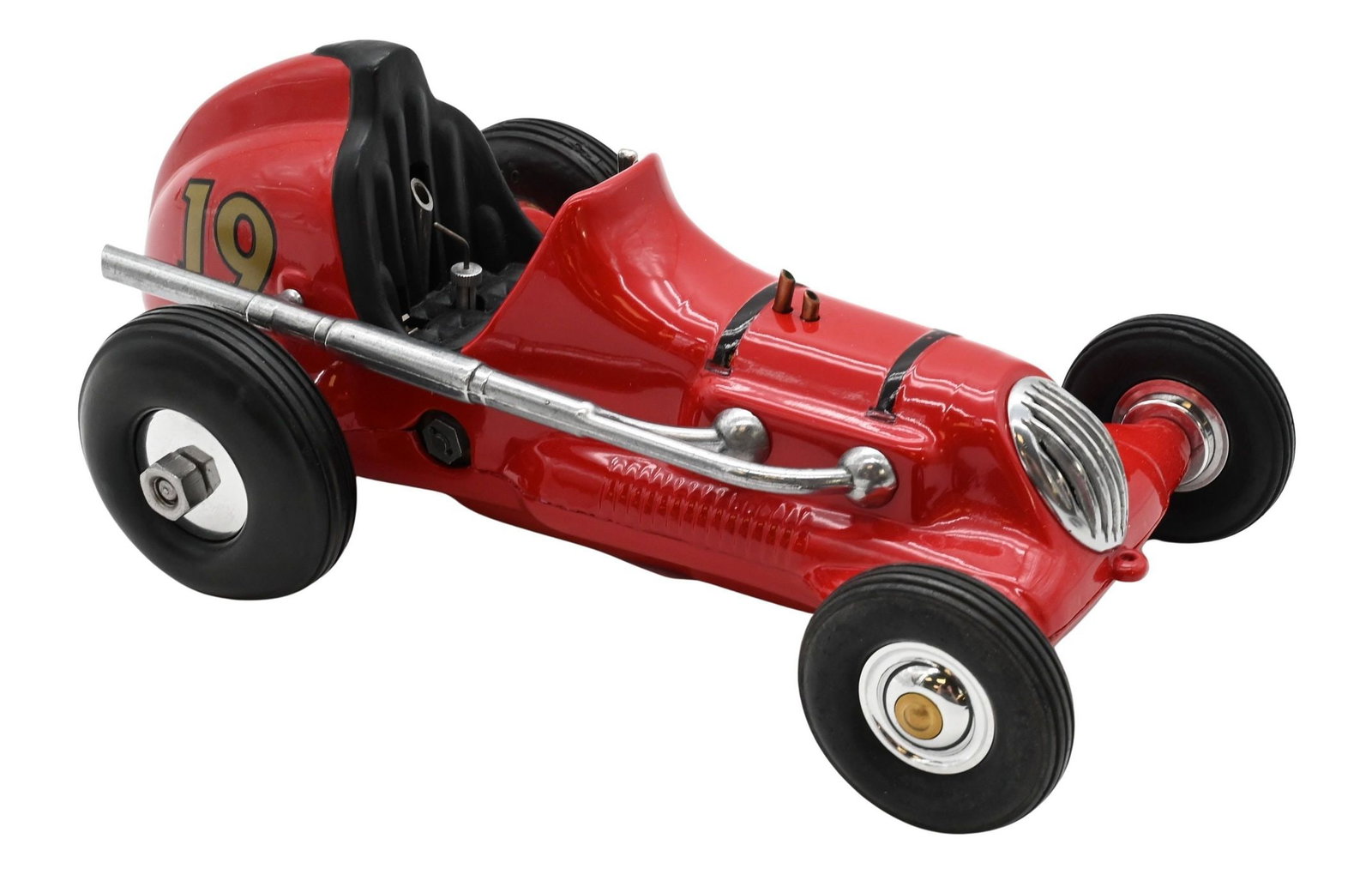 Roy Cox Thimble Drome Champion #19 Race Car: Roy Cox Thimble Drome Champion #19 Race Car diecast red metal tether racer, rubber wheels, engine to interior length 9 1/2 inches Provenance: Property from a Park Avenue New York City Collector
